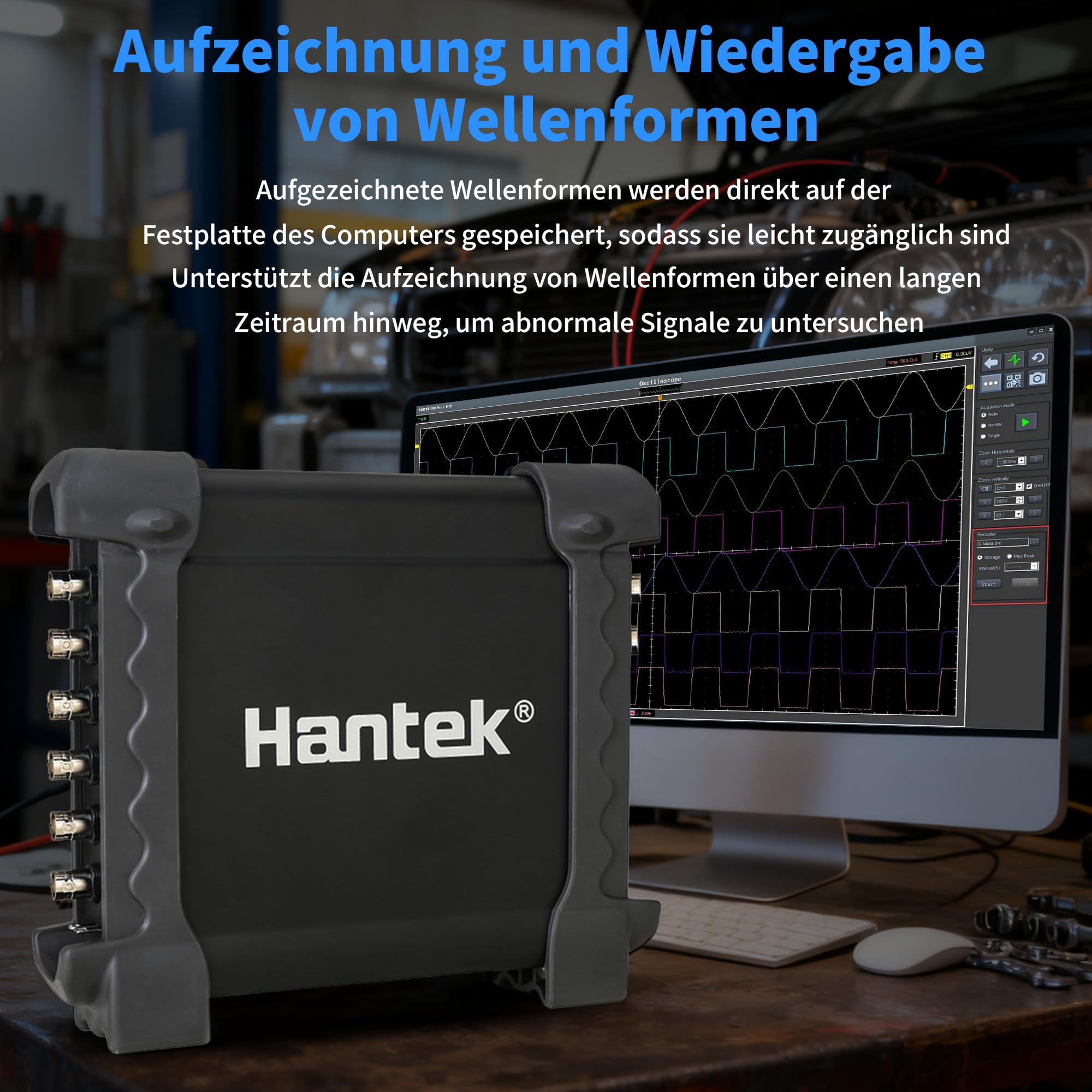 Hantek Oszilloskop, 8-Kanal Virtual Oszilloskop mit HT30A automatischen Testleitungen, HT201 20:1 Dämpfungsglied und HT307 Akupunktur-Tastkopf-Set, für mehrfache Fahrzeugdiagnose