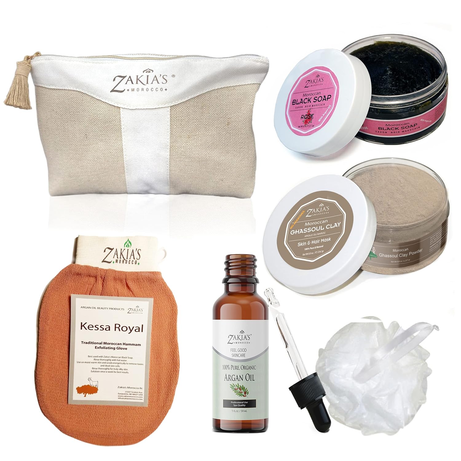 Moroccan Hammam Spa Rejuvenating Ritual Beauty Skincare Kit - 6 piece, Moroccan Rose Blossom Black Soap, Body Clay, Argan Oil, Pure & Natural, Purifying, Cleansing, exfoliating for every skin type