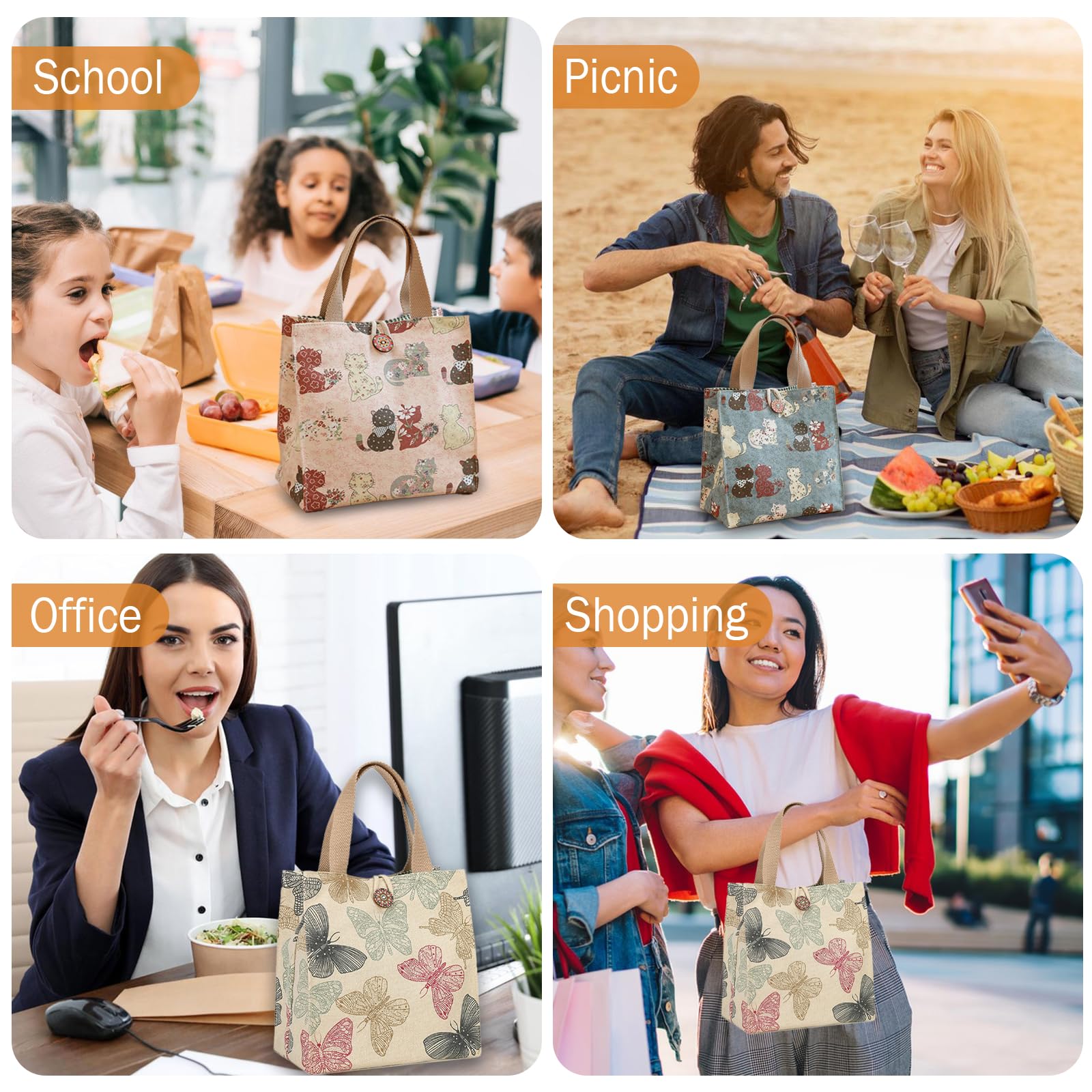 Sac à déjeuner, boîte à déjeuner en toile réutilisable, étanche, idéal pour les voyages, le travail et les pique-niques (blanc cassé)
