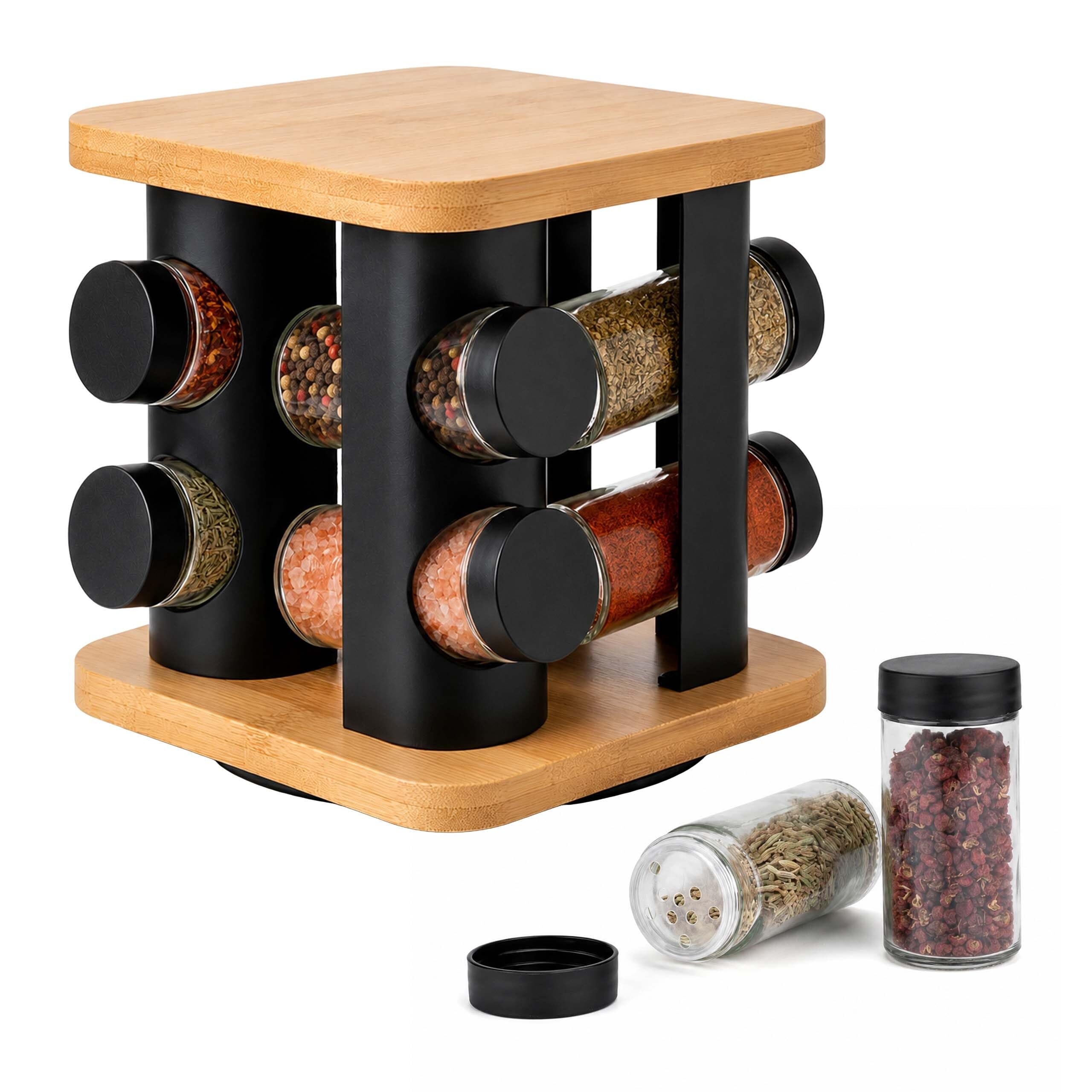 Relaxdays Gewürzkarussell, 8 Gläser, natur/schwarz | 360° drehbarer Gewürzständer HBT 16,5x18,5x18,5cm, Bambus, Edelstahl
