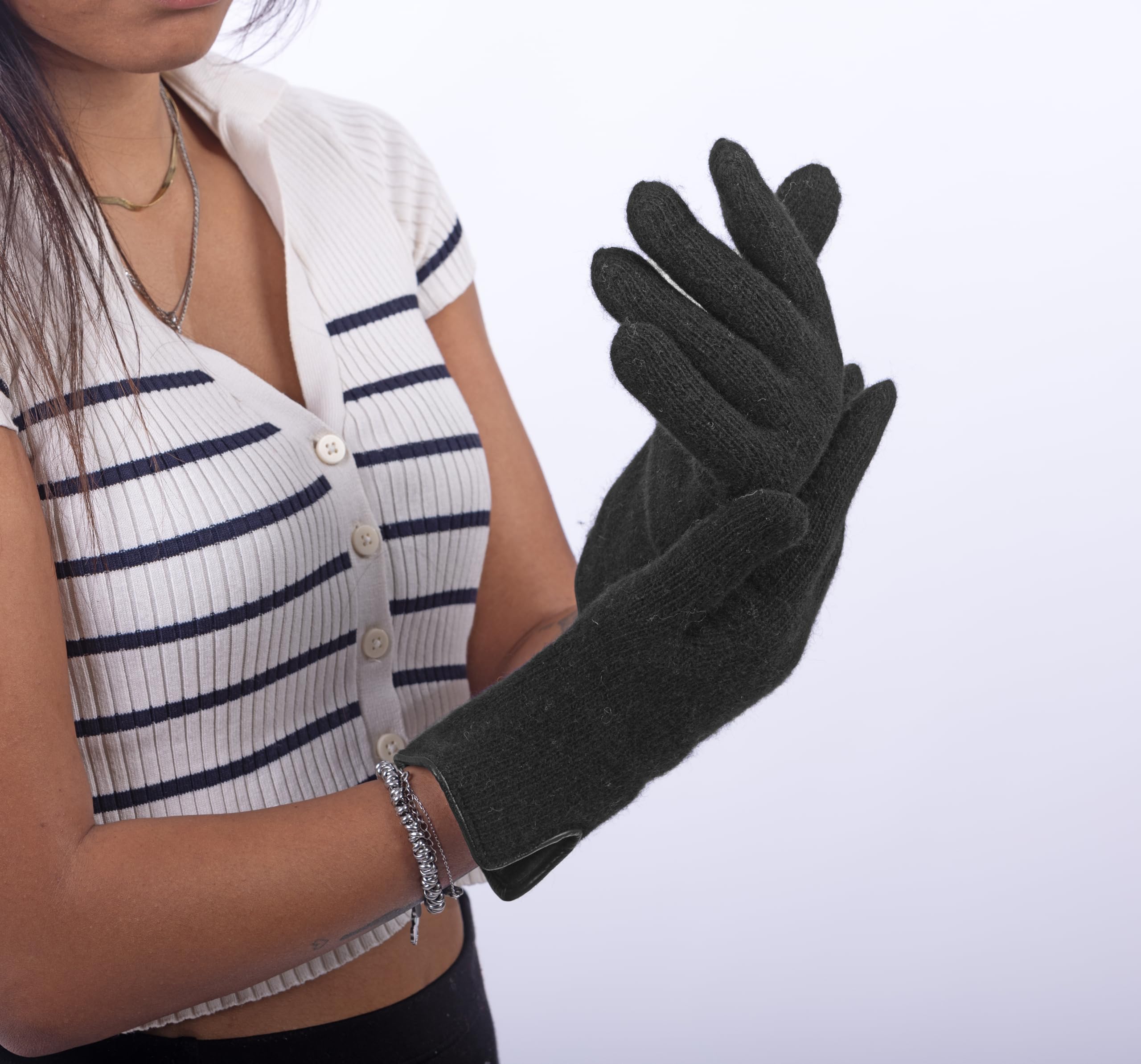 Gants en laine doublés en cachemire avec bords en cuir - Femme - Artisanat - Made in Italy, Noir , Taille unique