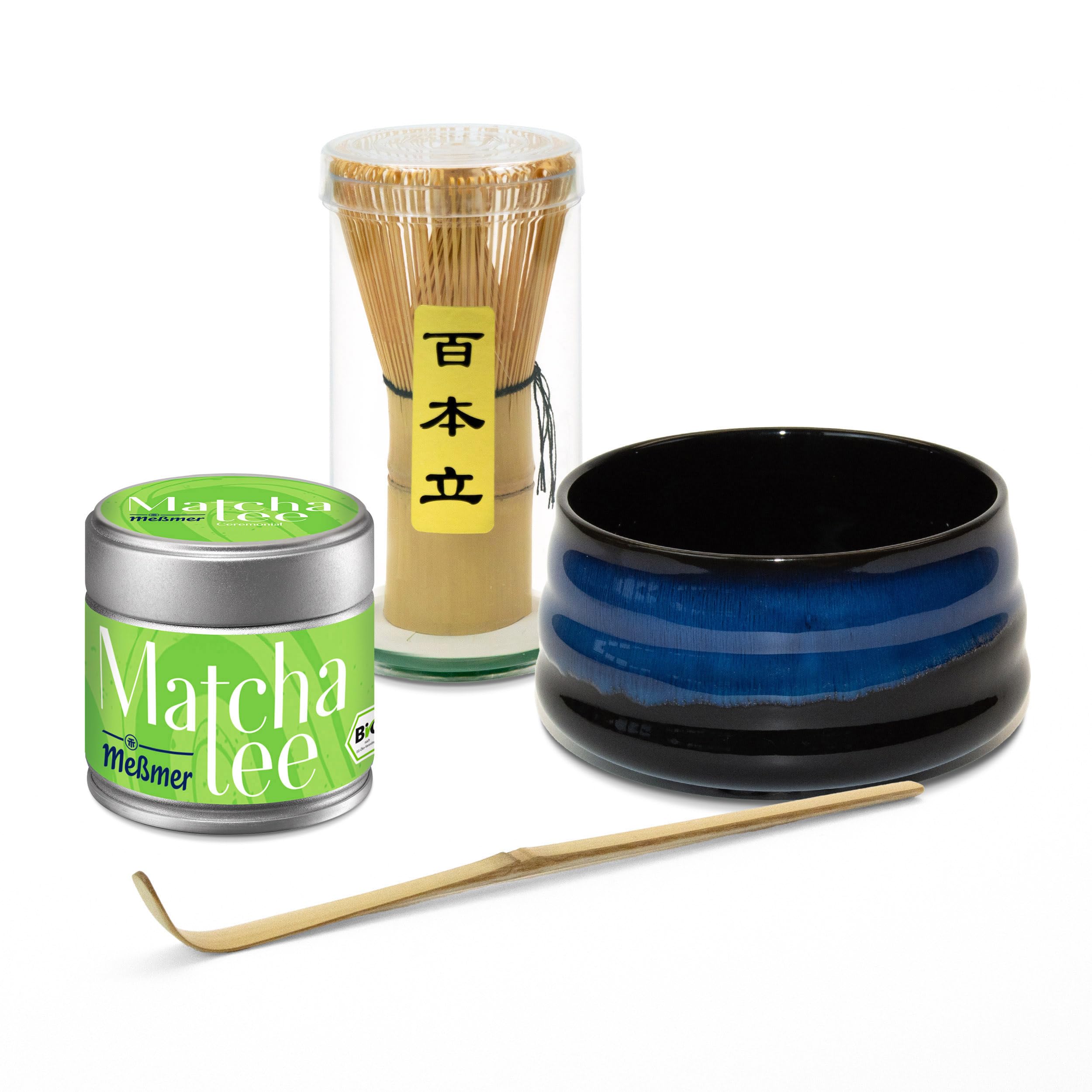 Meßmer Matcha Tee Starter Set, 30g Dose Bio Matcha in Ceremonial-Qualität aus Japan, mit Matcha-Schale, Bambusbesen und Bambuslöffel