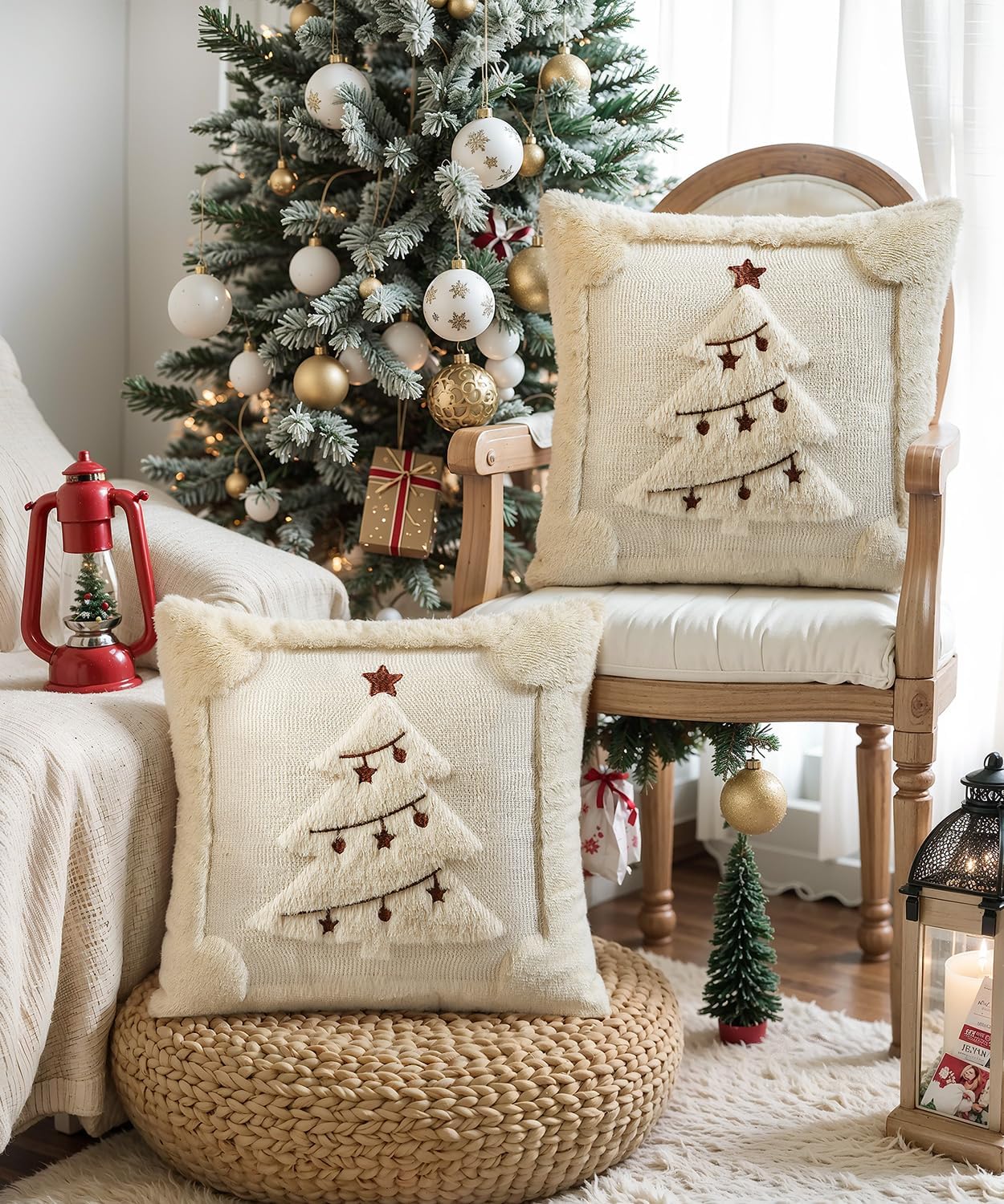 Christmas Pillow Covers Set of 2 Soft Plush Faux Fur Pillow Cases 3D Embroidered Decorative Couch Cover Home Decor Christmas Throw Pillow Covers 18x18,Beige Christmas Tree