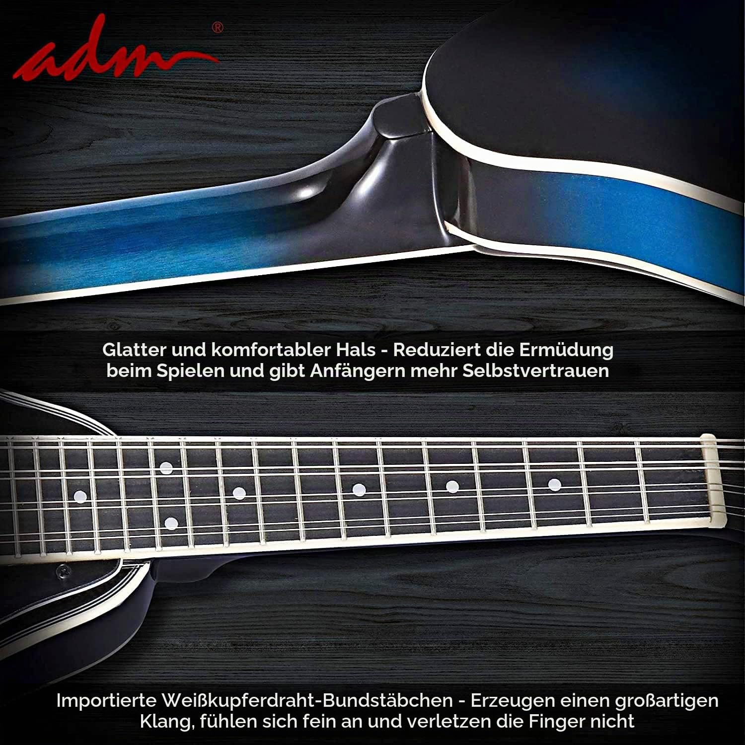 ADM Akustisches Mandolinen-Instrumenten-Set, Musik, A-Stil für Kinder, Studenten, Erwachsene, Holz-Mandolinen, Anfänger-Set mit Tasche, Stimmgerät, EQ, Gurt, Saiten, Plektren und Aufhänger, Blau