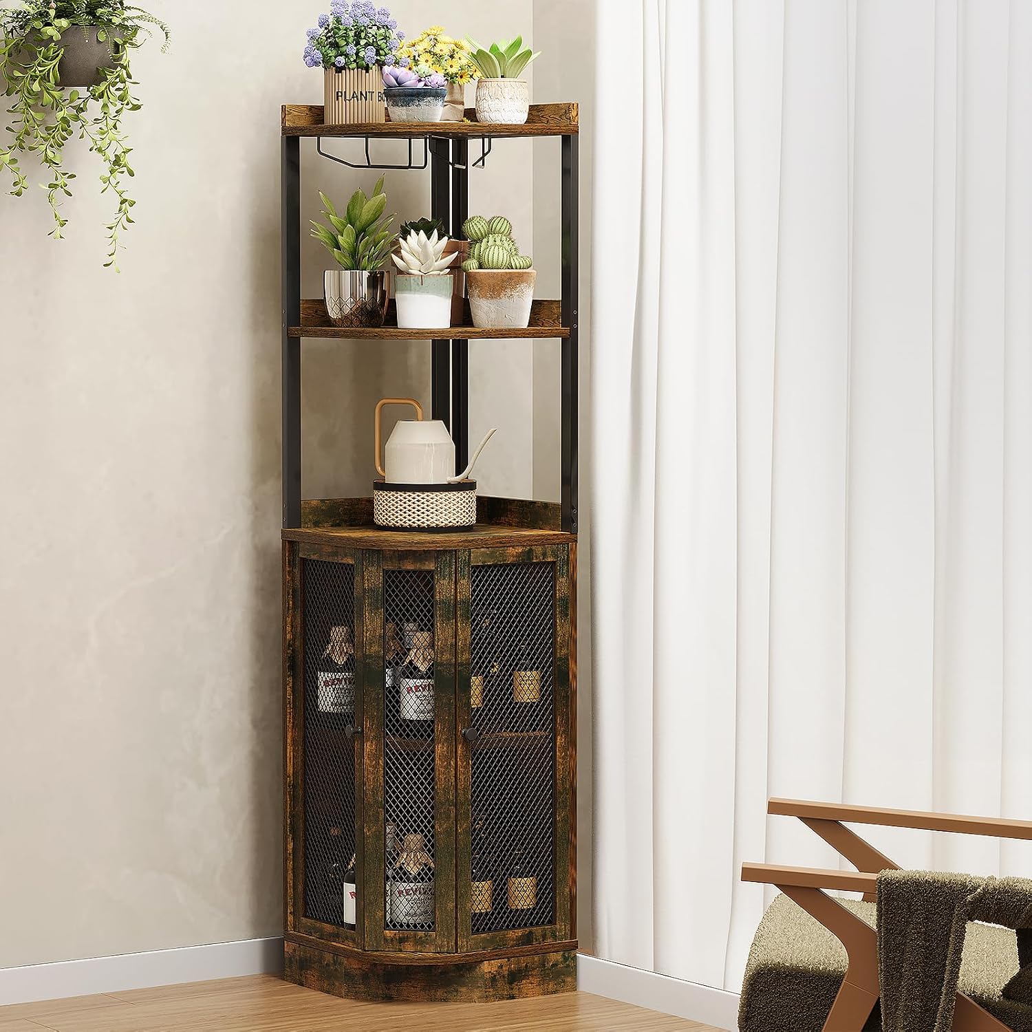 EOYUTLLY Corner Bar Cabinet with Wine Rack, 65" H 5-Tier Brown Wood Liquor Display with Magnetic Doors for Home, Living Room, Kitchen, Storage Solution Rustic Brown
