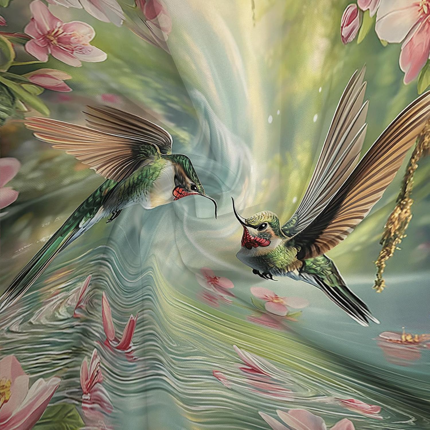 Hummingbird Floral Shower Curtain Spring Pink Floral Green Leaves Waterfall Lake Misty Forest Spring Wildflowers Nature Scene Bath Curtain Fabric Bathroom Accessories Decor with Hooks (70W x90L)