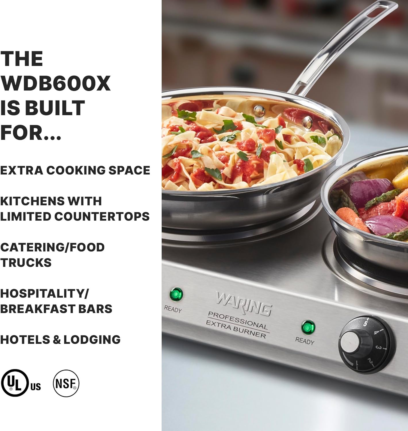 Waring Commercial Double Burner, Two Heavy‑Duty 7.5" Cast‑Iron Plates for Countertop Cooking, Catering, and Professional Kitchens, WDB600X