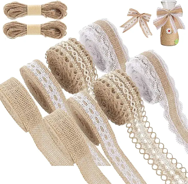Ruban de Jute avec Dentelle - 8 Rouleaux Déco Vintage pour Mariage et Fête