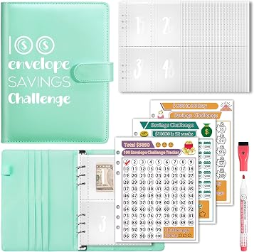 100 Envelopes Money Saving Challenge, A5 Savings Challenges Book Budget Binder with Cash Envelopes Erasable Tracker, Easy and Fun Way to Save $500 $5050 $10000 BGreen