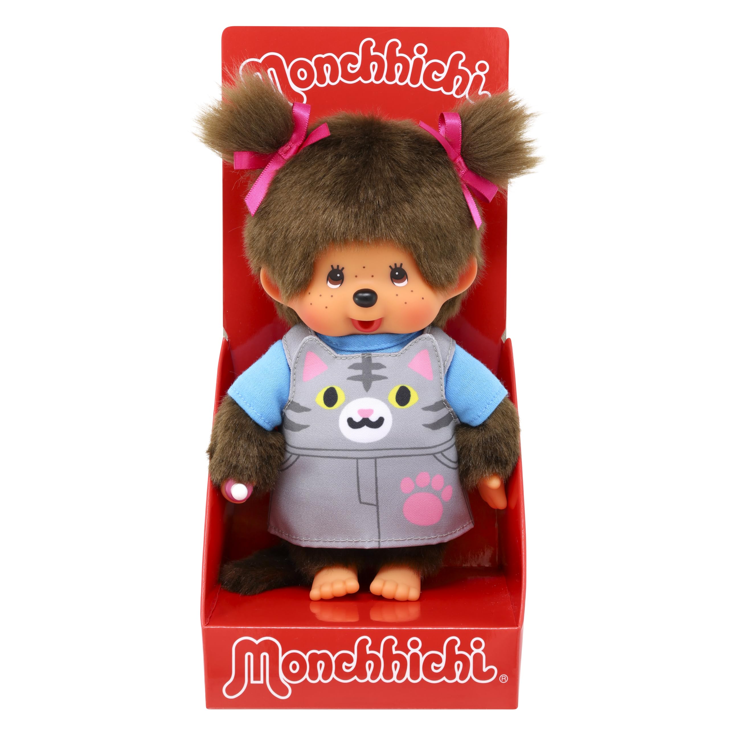 BANDAI - Monchhichi - Plush Toy Monchhichi Dungarees Cat Motif - Iconic Monkey Cuddly Toy of the 80s, Super Soft Cuddly Toy 20 cm for Children - Toy for Children from 2 Years - SE203895