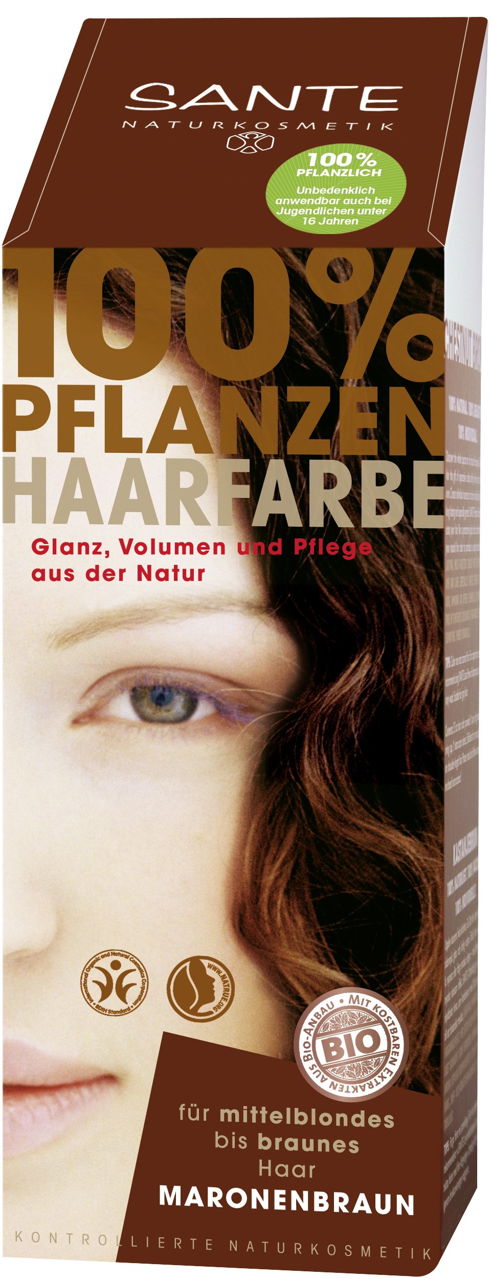 SANTE Naturkosmetik Pflanzen-Haarfarbe Pulver maronenbraun, Satter braunton, Glänzende Farben, Grauabdeckung, Vegan, 100 g