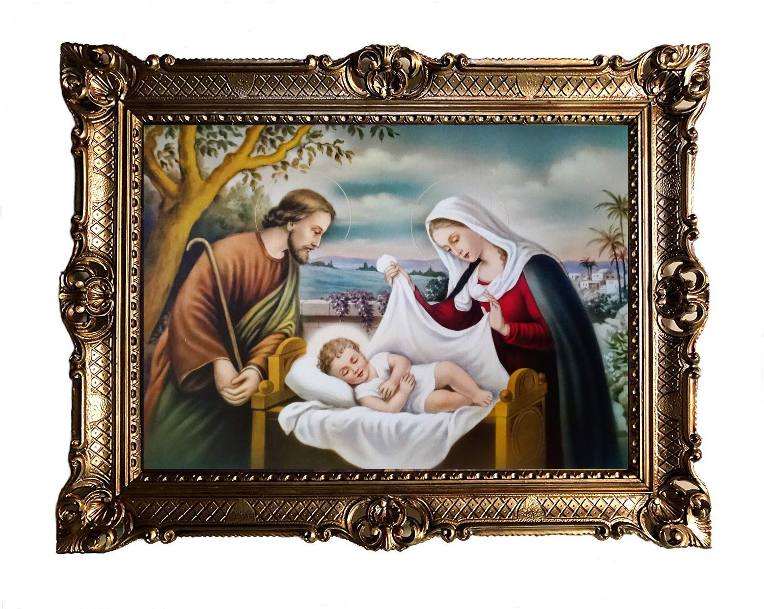 MARIA JOSEF UND JESUS IN BETHLEHEM Gemälde Antik Barock Rahmen Barockrahmen mit Bild Wandbild 70x90cm Kunstdrucke Gemälde Religiöse Bilder Kunst von Heiligen Retro Repro für Home Büro Praxis Café 58B