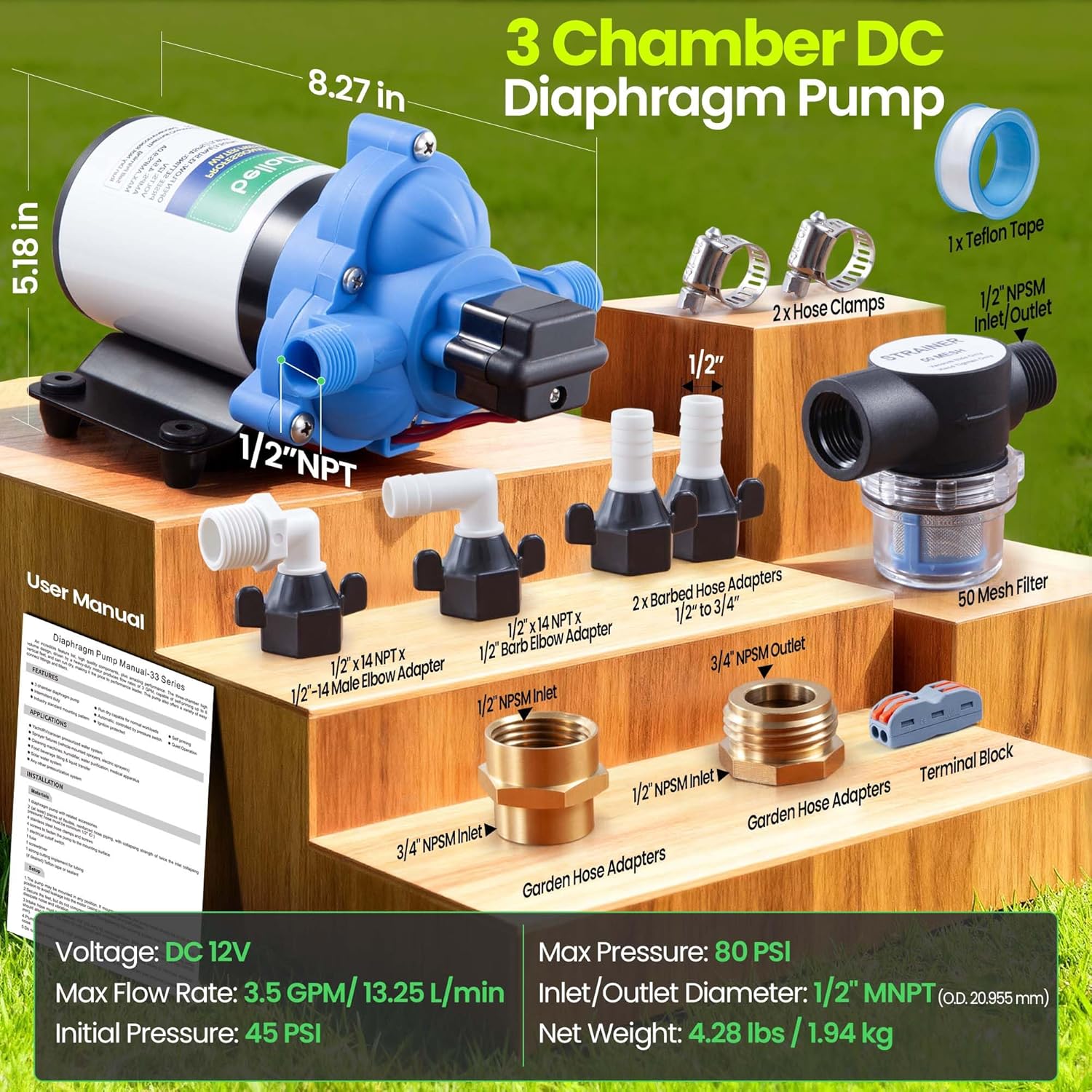 12V Water Pump - 3.5 GPM Pure Copper Motor Self-Priming Diaphragm Pump with 40-80 PSI Adjustable Pressure Switch for RV, Marine & Agricultural Use