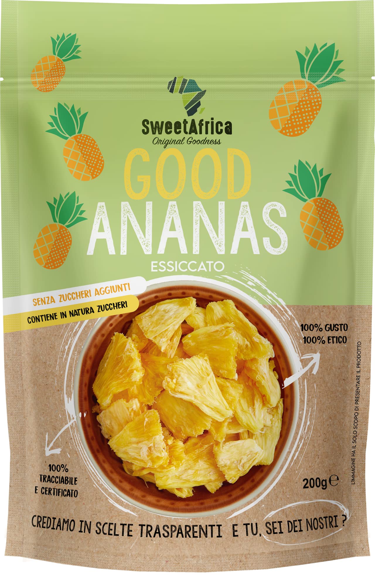 SweetAfrica - Good Ananas - Ananas essiccato a fette, senza zuccheri aggiunti, snack alla frutta essiccata - 200g x 6pz
