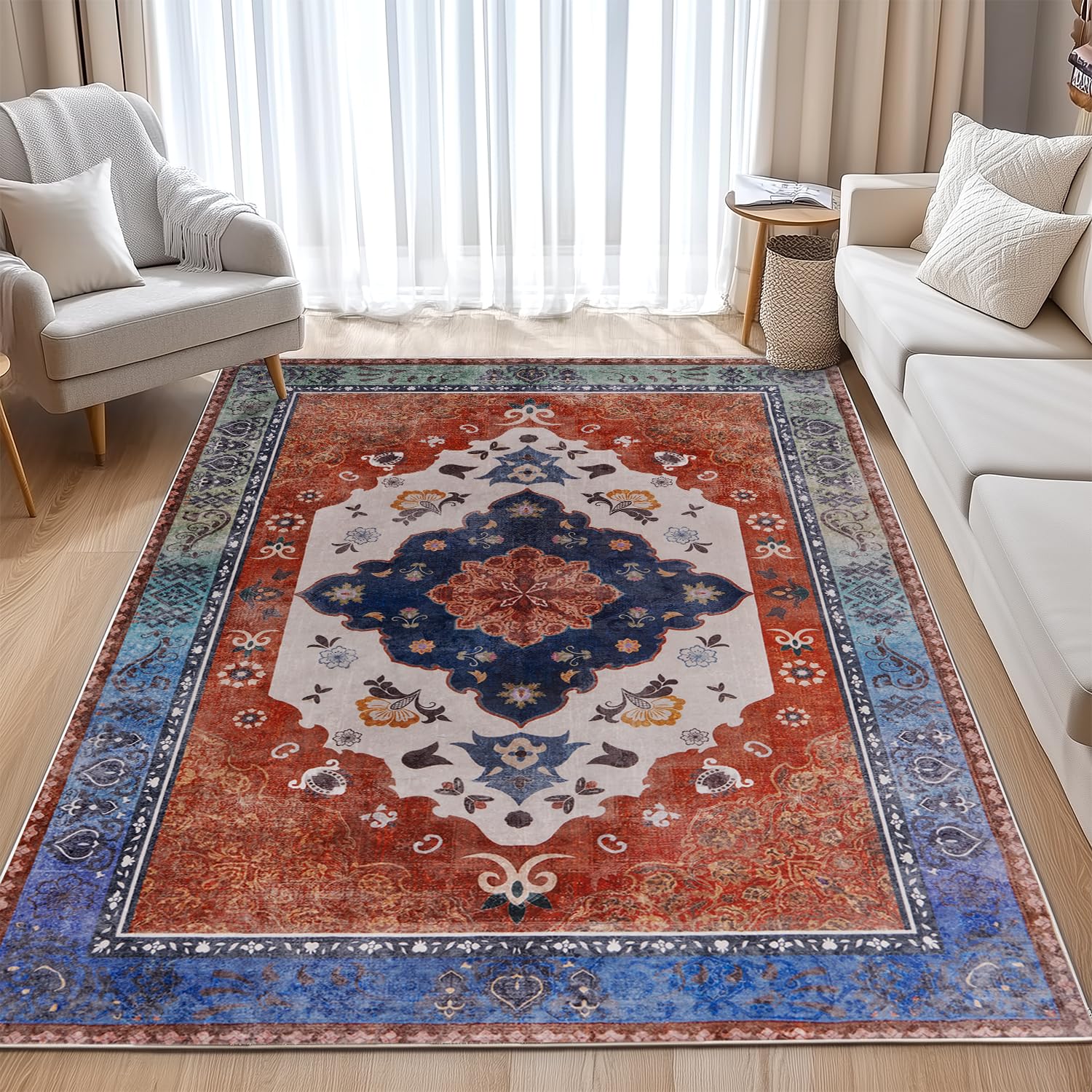 BSGIFT Alfombra oriental de pelo corto vintage 200 x 300 cm, lavable, antideslizante, alfombra de salón, color rojo, diseño bohemio, para salón, dormitorio, cocina, comedor al aire libre, alfombra muy