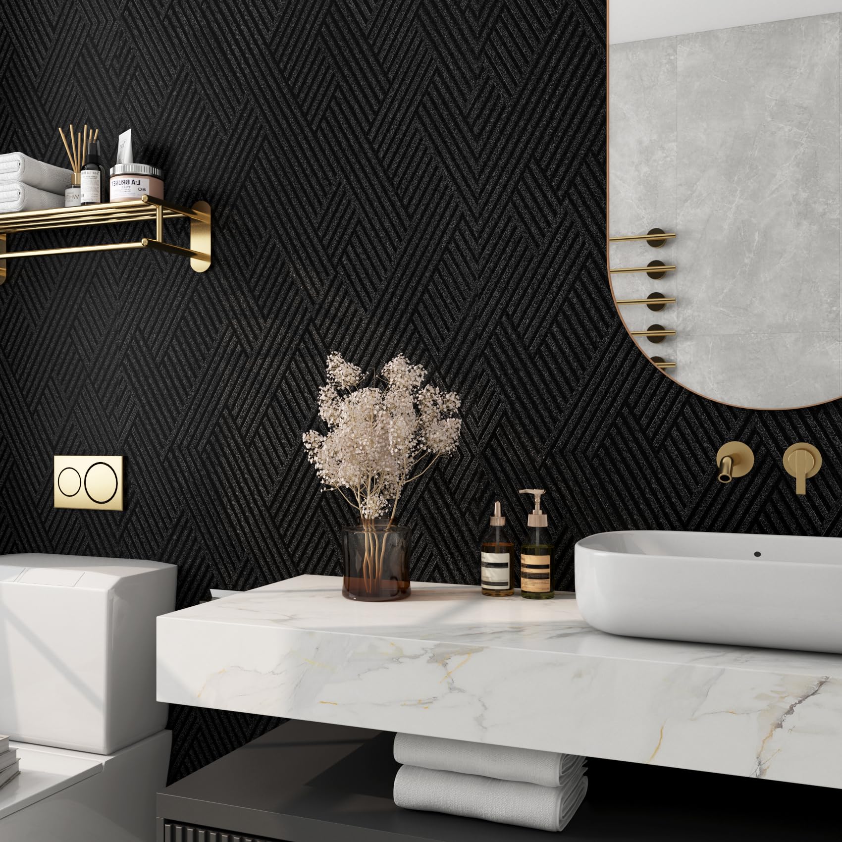 FunStick 60CMx5M Papel Pintado Autoadhesivo Pared Dormitorio Salon Papel Pared Negro Geometrico Revestimiento Pared Negro Abstracto Geometrico Vinilo Adhesivo Cocina Puerta Armario Vinilo para Paredes