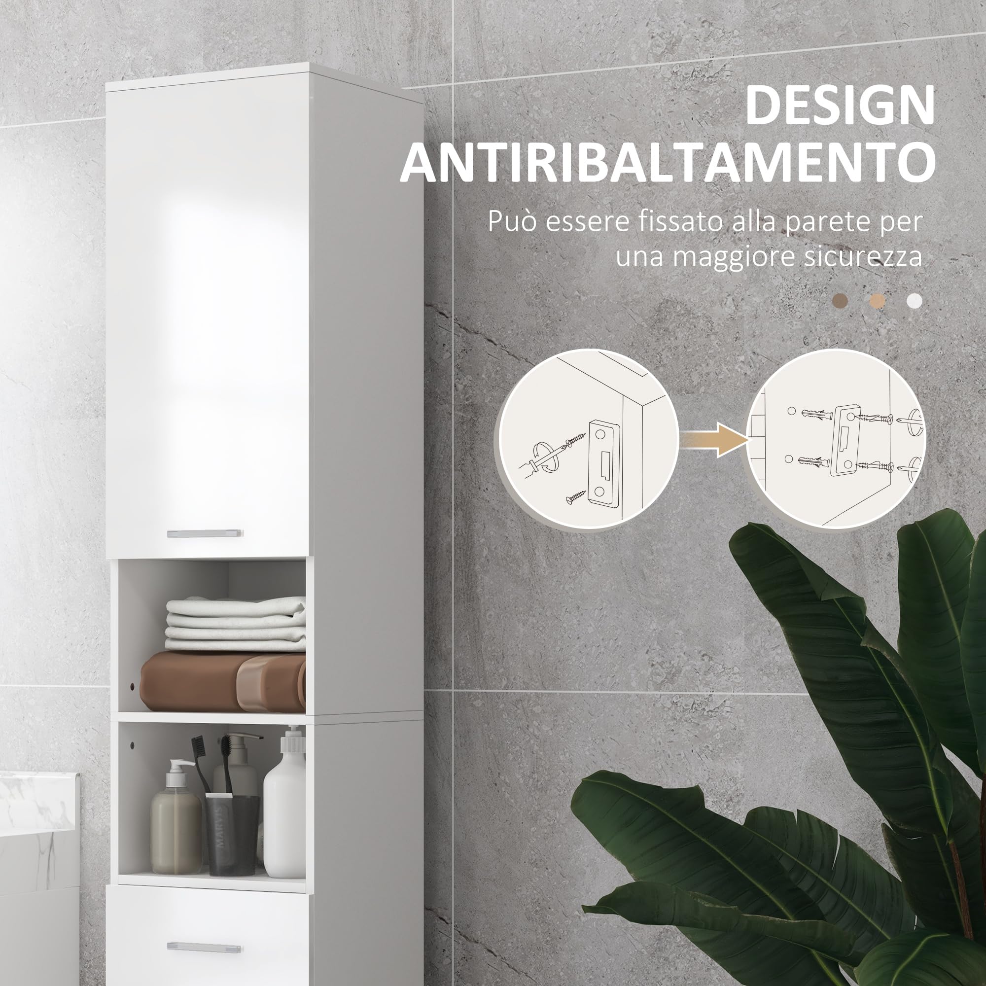 kleankin Mobiletto Bagno Salvaspazio a Colonna, Mobile Bagno con Cassetto, 2 Ripiani Aperti, 2 Armadietti, Ripiani Regolabili, per Sala da Pranzo Salotto Soggiorno Cucina, 30x30x180cm, Bianco Lucido