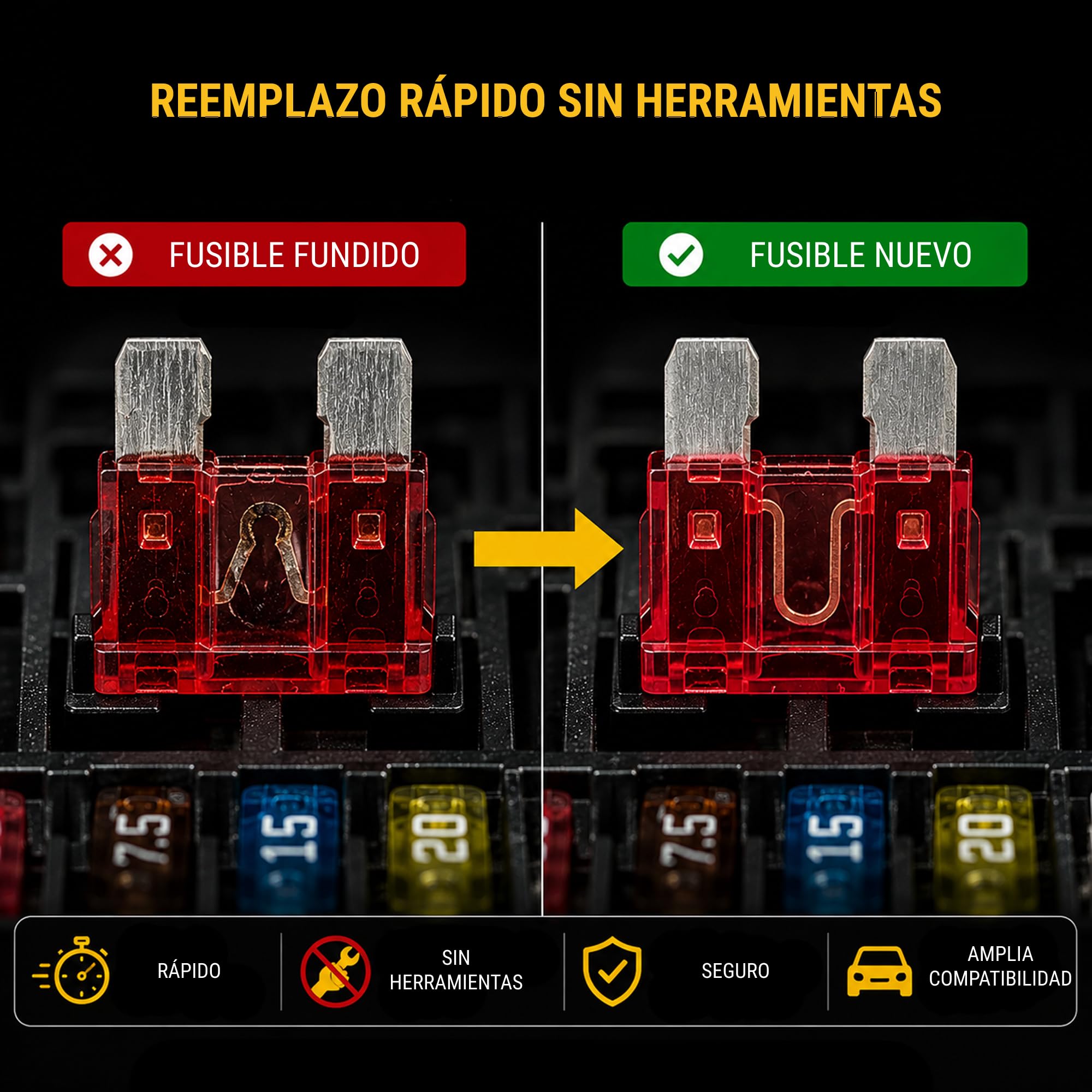 Fusibles de Cuchilla Tipo Europeo – Kit 50 Piezas Surtido | Mini y Estándar 3A-35A | 12V 24V Auto Coche Moto Caravana | Caja Organizada CE