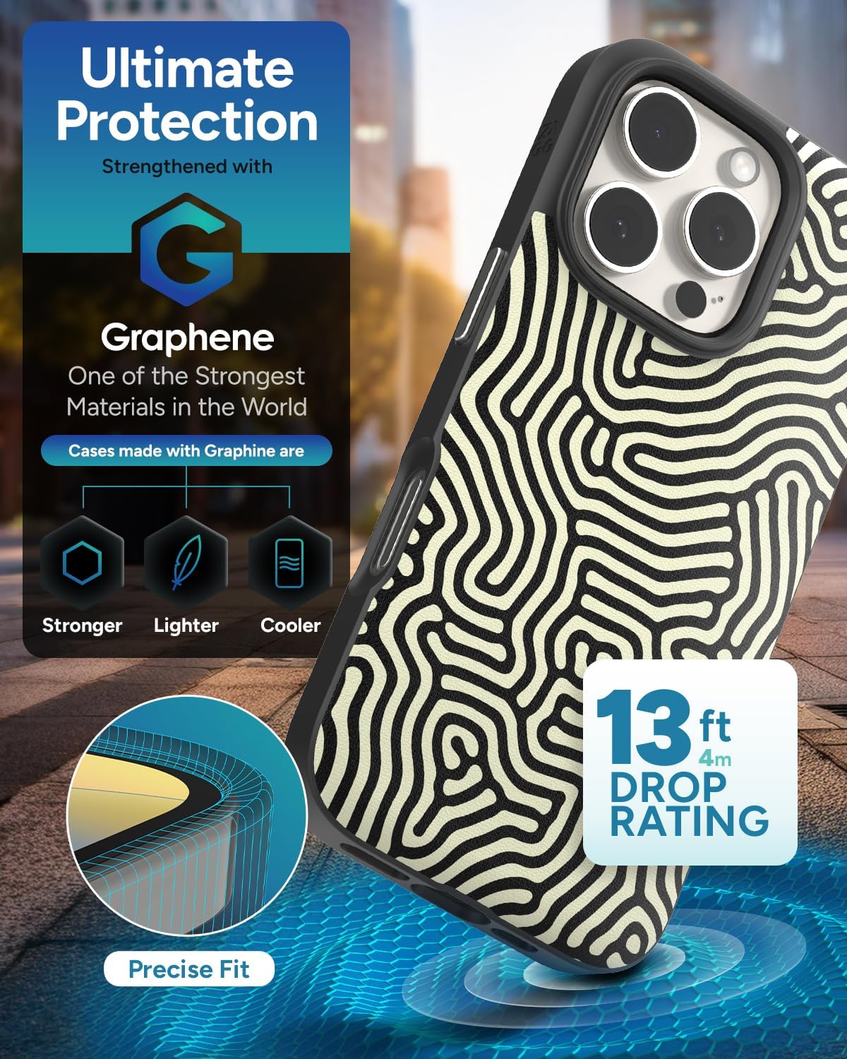 ZAGG London Snap Case for iPhone 16 Pro – Glow in The Dark Maze Fabric Design, MagSafe Compatible, 13ft Drop Protection, Graphene Reinforced, Wireless Charging, Fabric Finish, Maze Glow