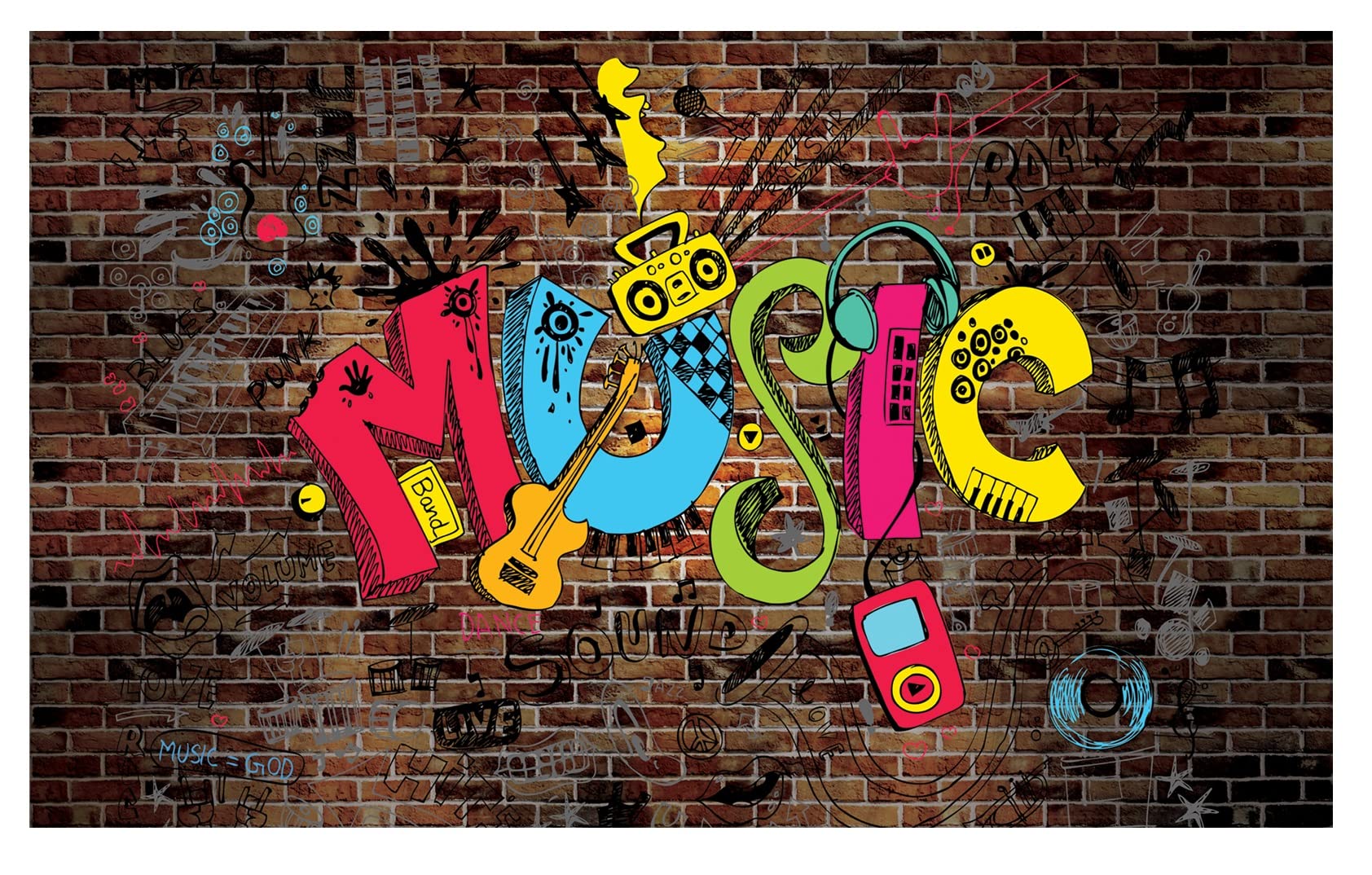 Papel Pintado Infantil Graffiti Juventud Música Muro Ladrillos - Incluye Pegamento - Fotomurales Pared Tejido No Tejido Decorativos Murales Fotográfico XXL Moderno Decoración de Paredes (254x184 cm)