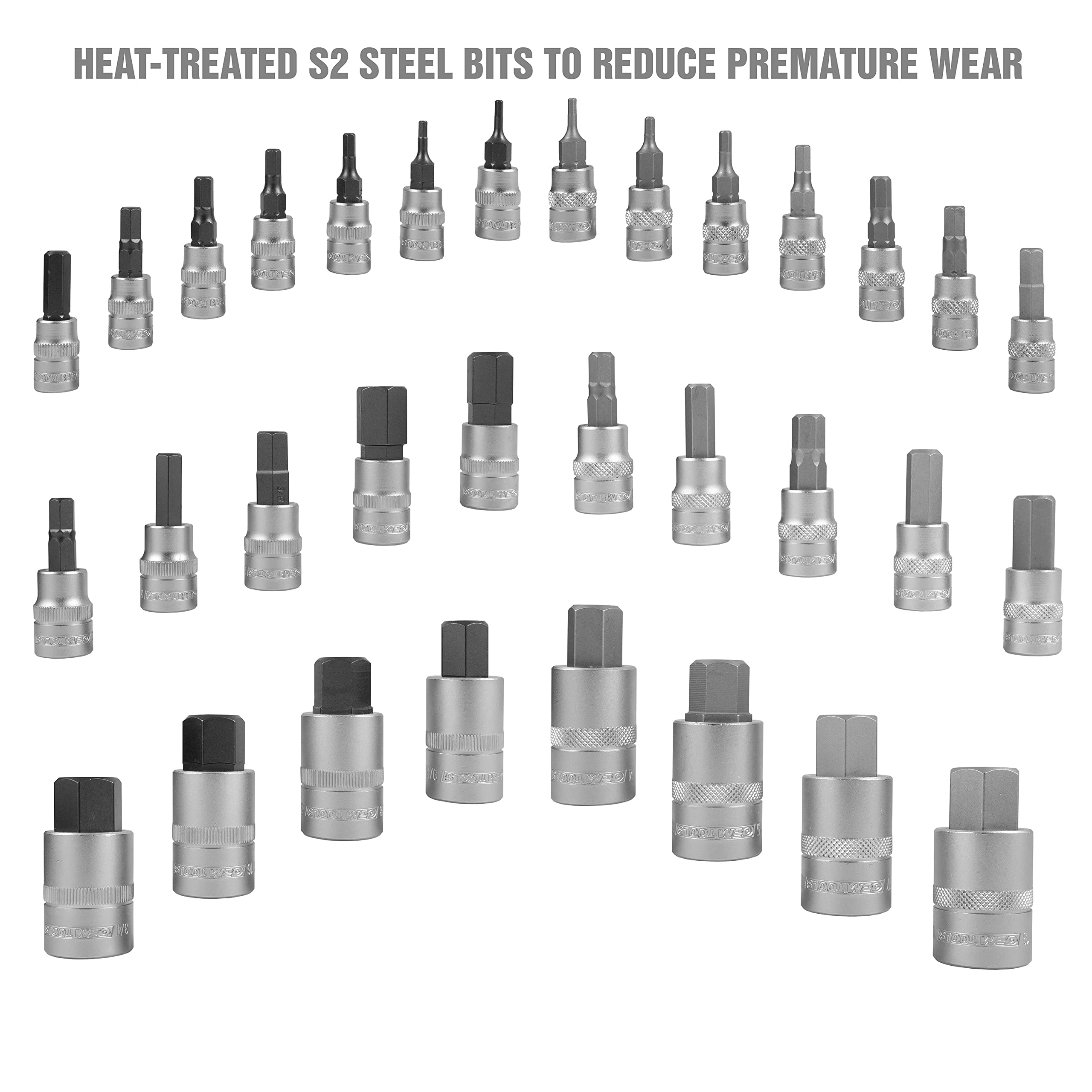 OEMTOOLS 22989 Juego de 32 llaves de vaso hexagonales, SAE y métricas, juego de llaves de vaso hexagonales de 1/2", 1/4" y 3/8" métrico y SAE incluido