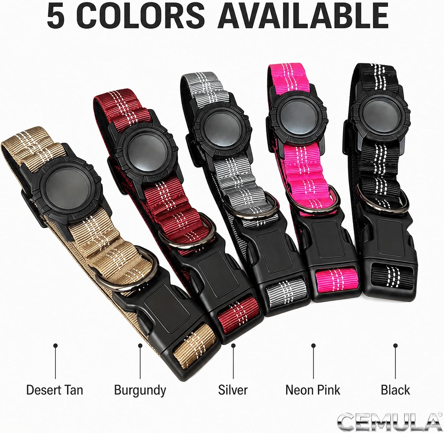 Personalized AirTag Dog Collar, Engraved ID Buckle, Integrated Holder, Reflective Nylon, Waterproof, No-Jingle (AirTag Not Included)