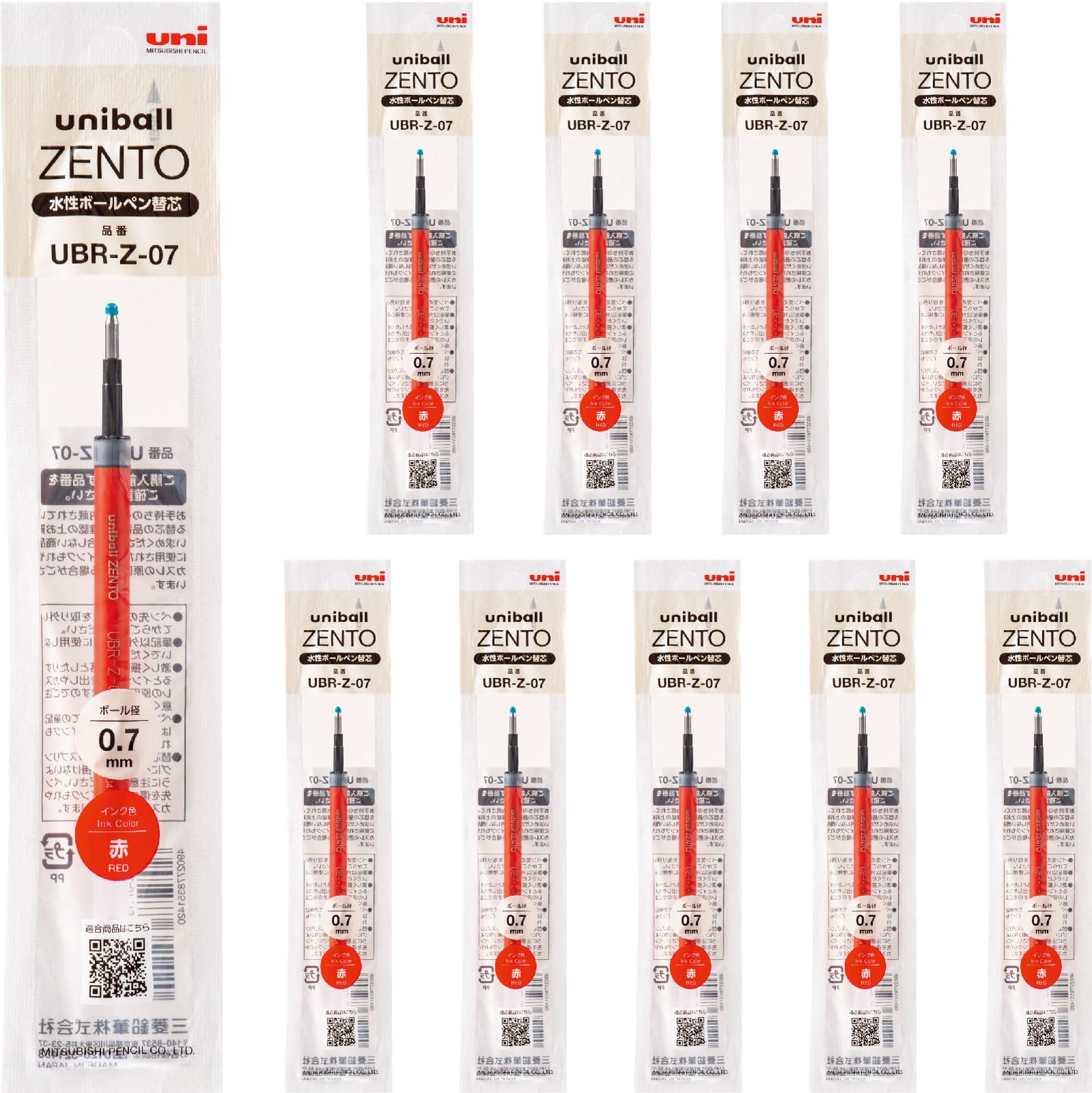 Uniball ZENTO UBR-Z-07 Water Based Ink Refill, 0.7mm Medium Point, Red, Compatible with ZENTO UBRZ07.15 Uniball Pens (Pack of 10)