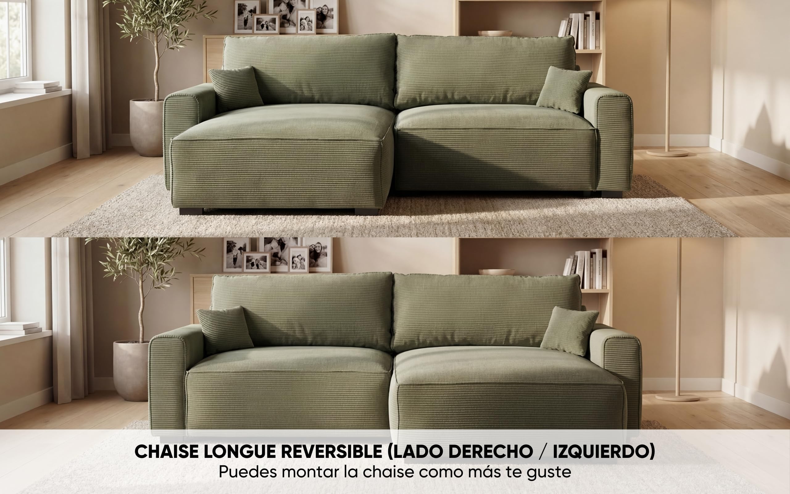 BUDWING Lauren Sofá Cama 3 Plazas – Chaise Longue Reversible con Almacenaje – Estilo Moderno, Tejido Resistente de 380 g/m² – 269x158x96 cm – Verde Bosque