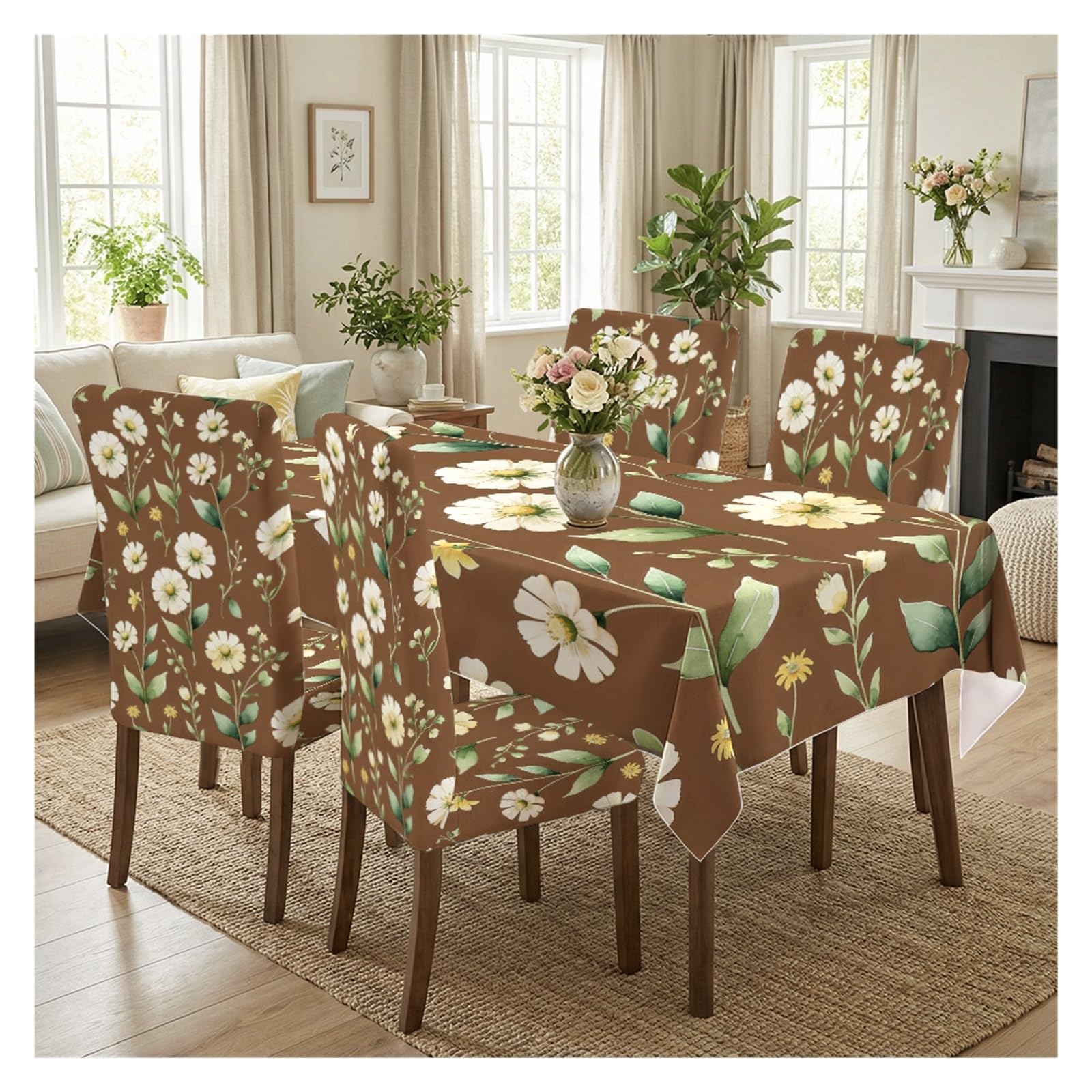 KXUAUV Rustic Brown Base White Daisy Print Tablecloth And Chair Covers Set, Stretch Slipcovers For Farmhouse Countryside Dining Room Decor, 5/7 Pack Party Decor(5pcs Set: Tablecloth+Chair Covers)