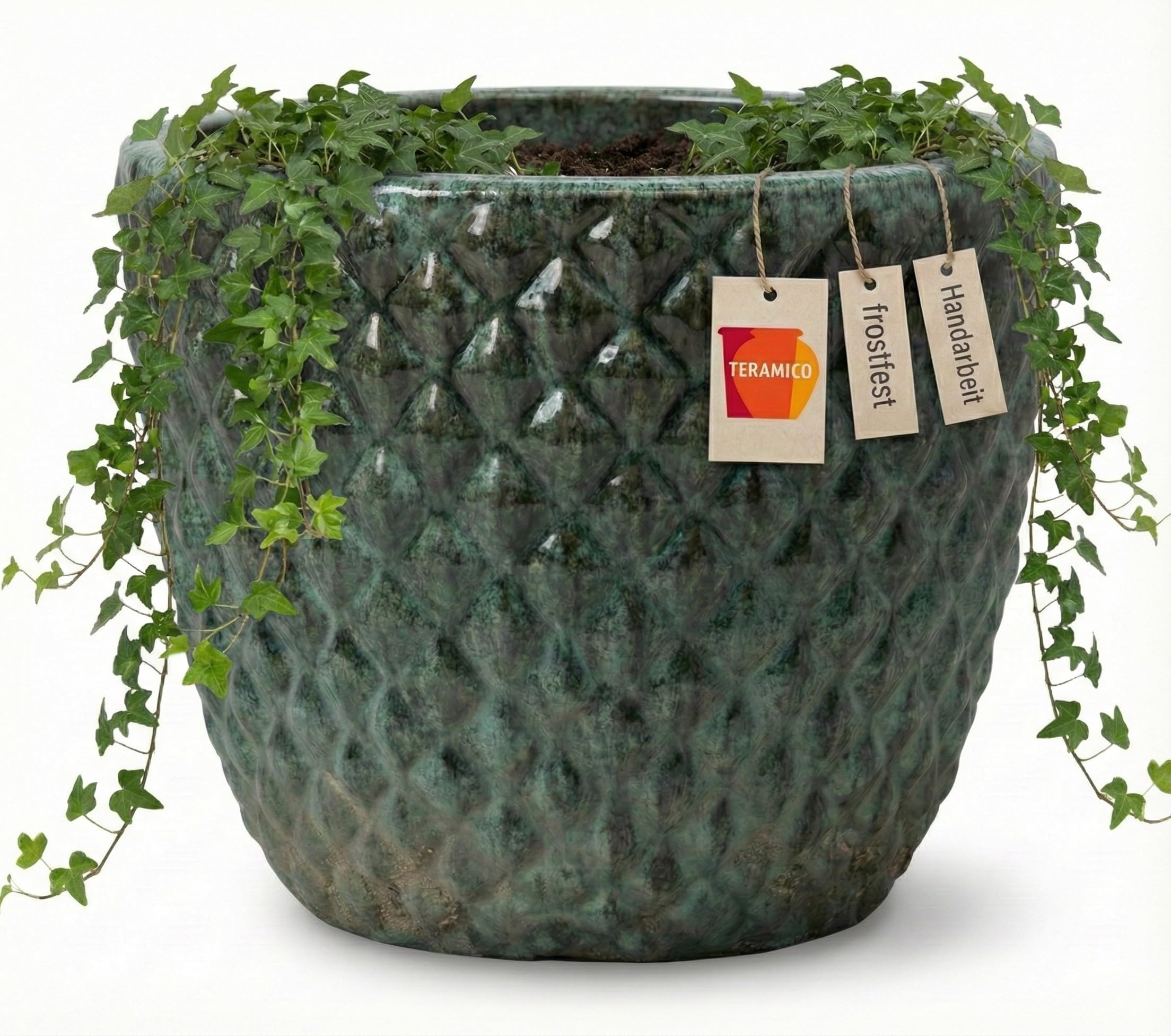 Teramico Pot de fleurs résistant au gel, en grès de qualité supérieure, en céramique émaillée, avec structure unique à bulles 3D, durable, résistant à l'hiver, pour jardin et terrasse, vert mousse, 30
