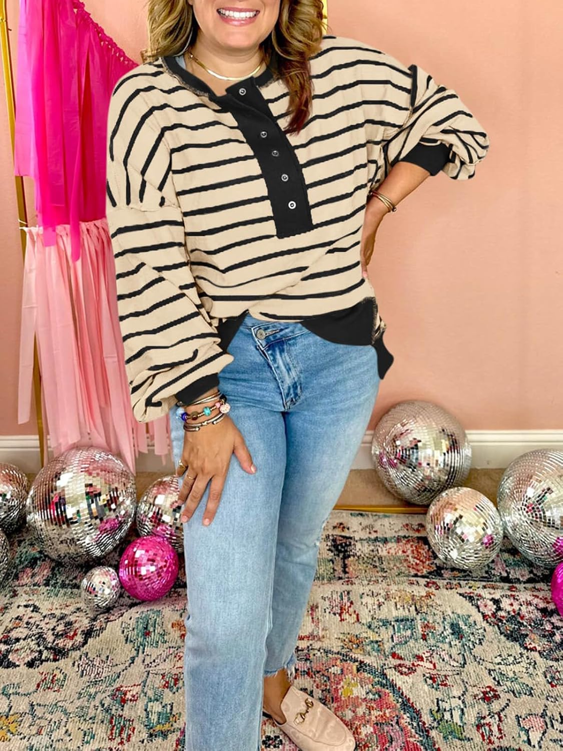 Tankaneo Womens Oversized Striped Sweatshirts Henley Shirts Color Block Casual Pullover Waffle Knit Tops - Image 6