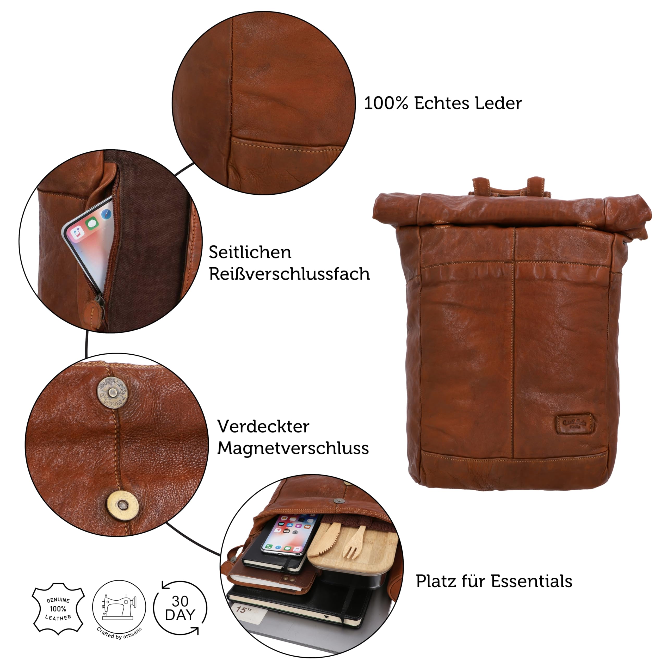 Gusti Rolltop Kurierrucksack Leder Joy Rucksack Lederrucksack Vintage Cityrucksack Outdoorrucksack Laptoptasche Unirucksack Wanderrucksack Braun Leder