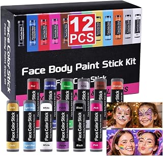Body Paint Set - 12 Piece Smudge-Proof Color Sticks for Cosplay | 12 skin-friendly color sticks with a smooth, smudge-proof formula. Easy application for face and body art at stage shows