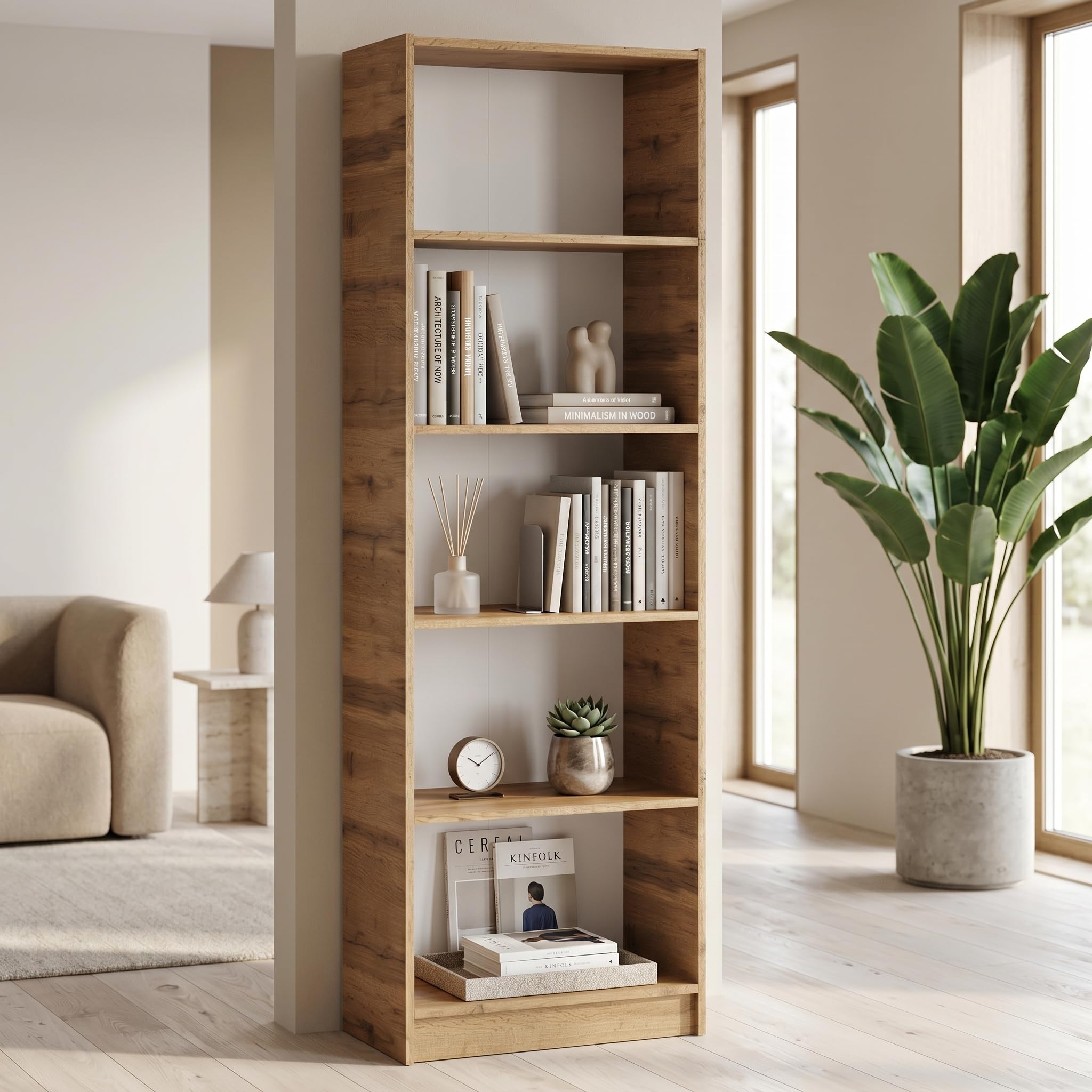 Happy Babies Libreria bianca, larghezza 60 cm, scaffale alto per raccoglitori, scaffale aperto con 5 ripiani, scaffale per raccoglitori, armadio multiuso (rovere Votan)