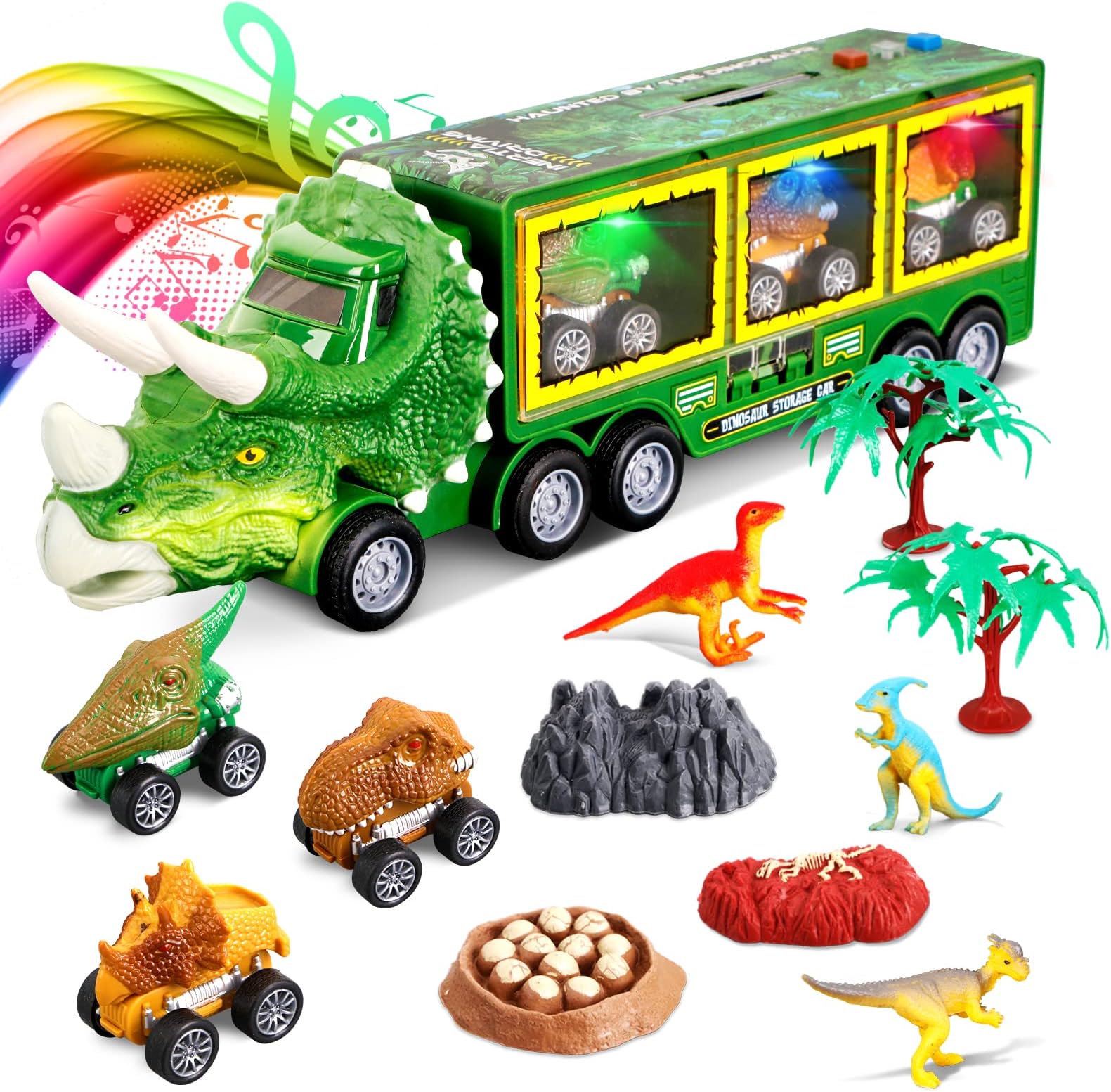 Dinosaur Toy Truck for Kids 3-7 with Flash Light, Music & Roaring, 10 in 1 Dinosaur Toys for Boys and Girls, 3 Pull Back Dinosaur Cars, Birthday Gifts for Boys Girls Age 3 4 5 6 7 8 Year Old