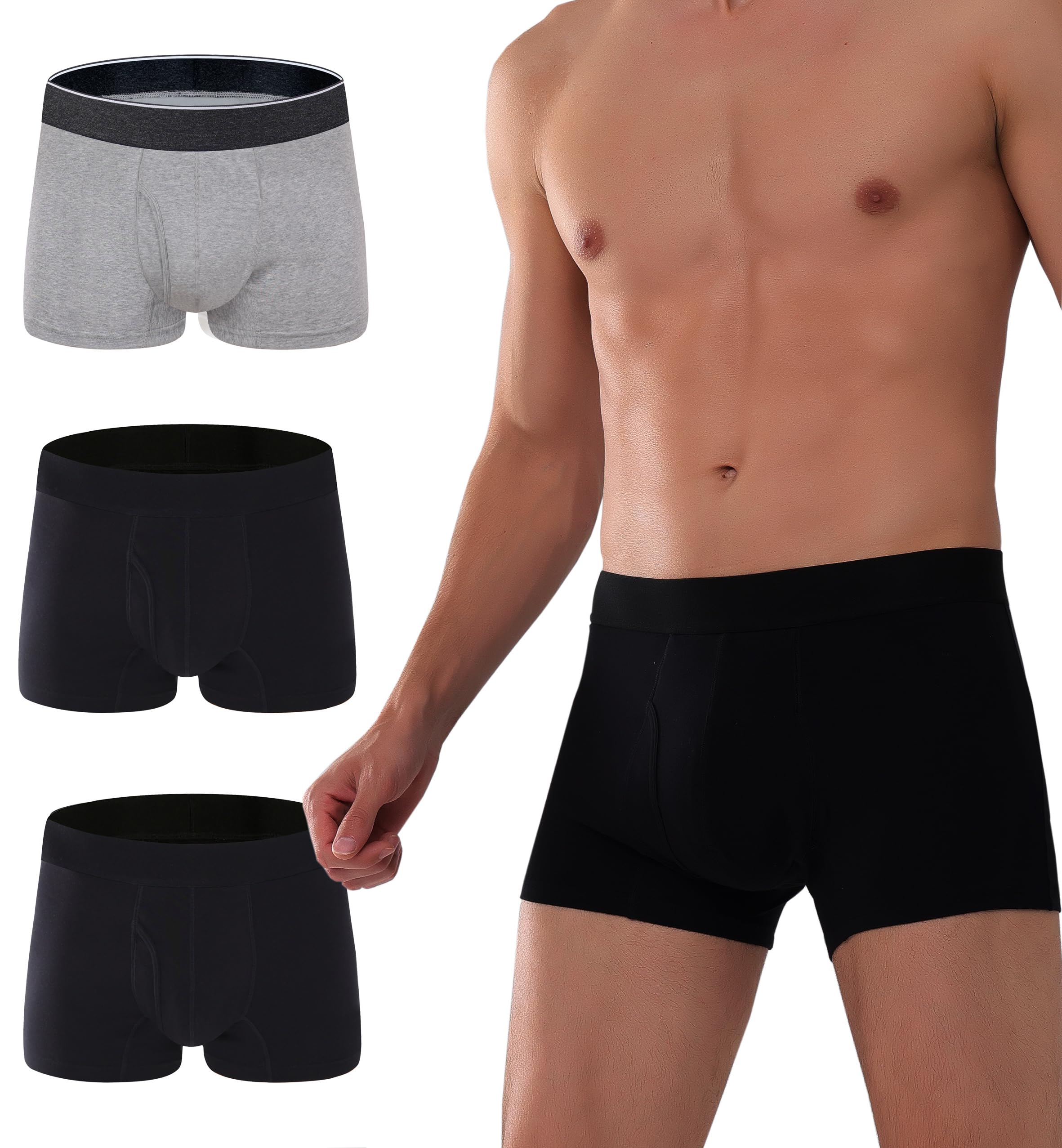 AIRCUTE Men Urine Incontinence Underwear Fly Front Opening Absorbent Leak Proof Boxer Brief for leaks 60 ML 3 Pack