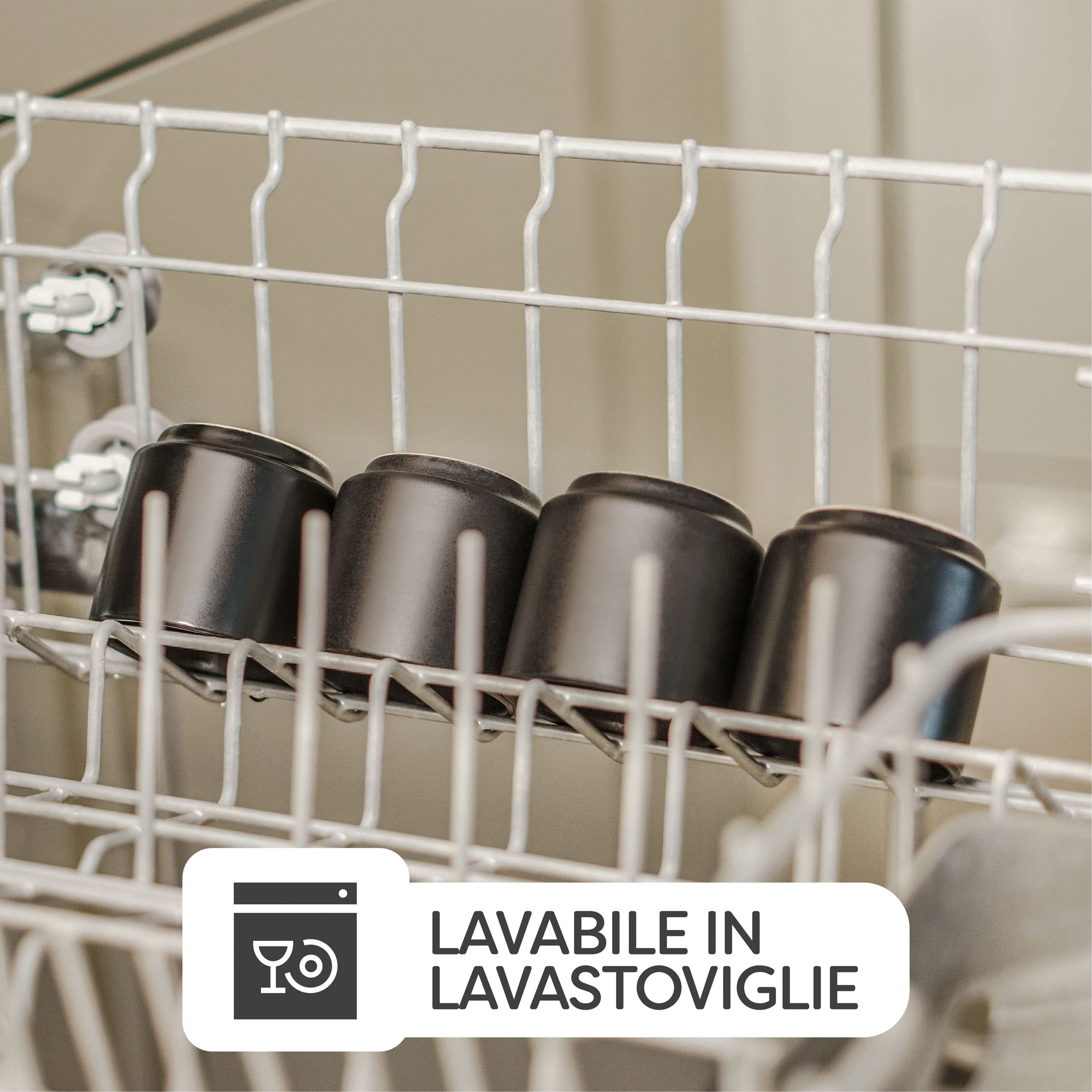 Cosumy Set di 4 Tazze da Espresso in Ceramica Nera - Design Impilabile - Pareti Spesse - Lavabile in Lavastoviglie - 70 ml
