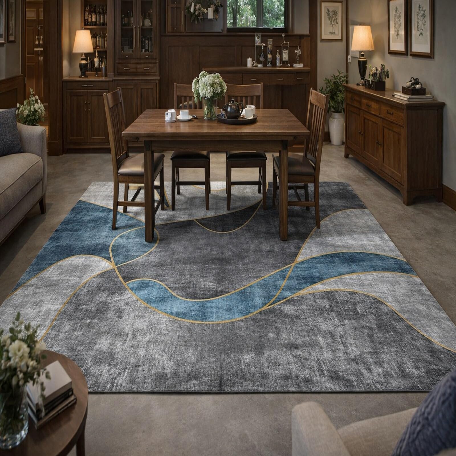 Tapis de salon 120x180cm bleu moderne et abstrait pour chambre et cuisine