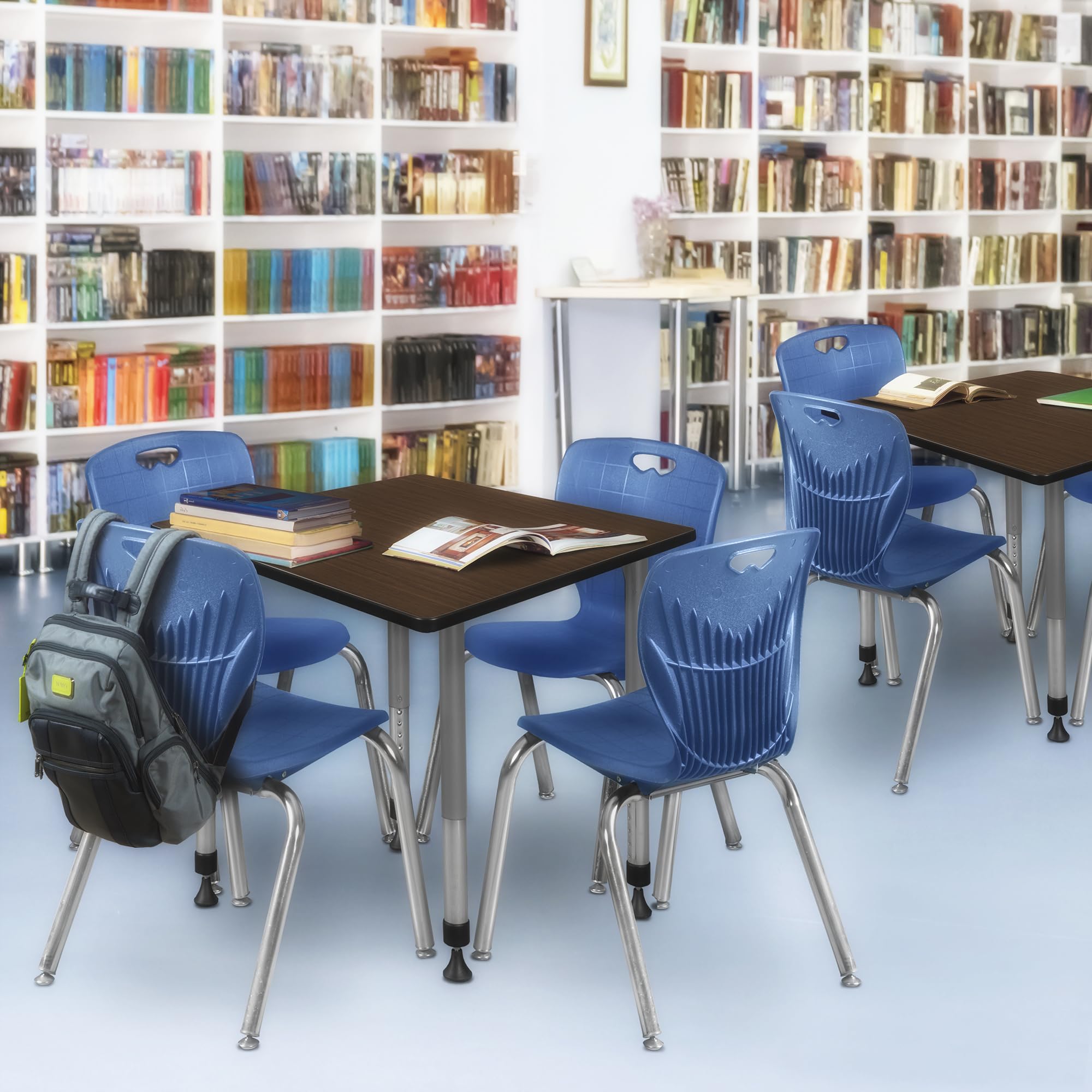 Regency Kee 42 in. Square Adjustable Classroom Table- Neo Walnut Top, Grey Base & 4 Andy 18 in. Blue Stack Chairs