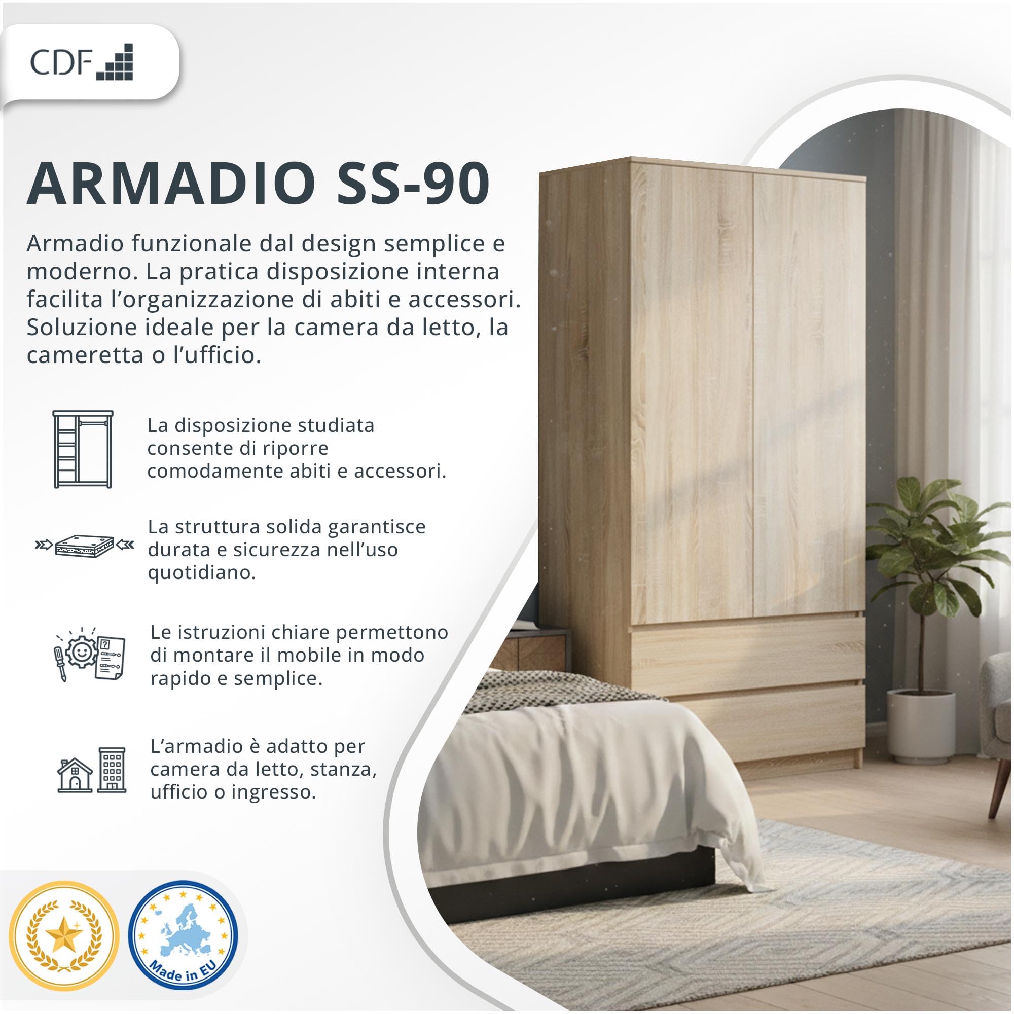 CDF Armadio Camera da Letto 90 cm 2 Ante 2 Cassetti Rovere Sonoma