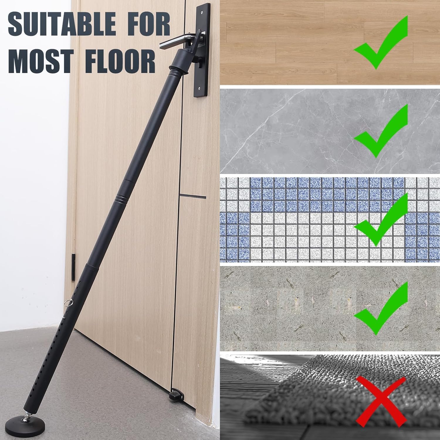 Barra di sicurezza per porta, resistente, con grande base in gomma, 66-127 cm, barra antifurto rimovibile per casa, viaggi, nero opaco