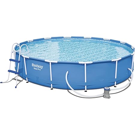 bestway steel pro frame pool komplettset rund mit kartuschenfilterpumpe leiter boden und abdeckplane 427x84 cm blau amazon de garten