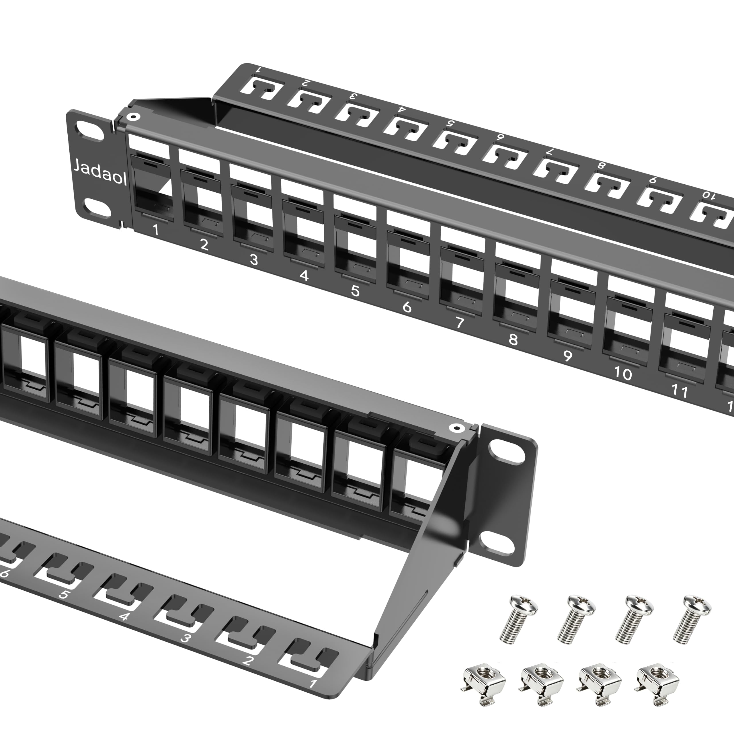 Jadaol Panneau de brassage vierge 1U de 19 po, panneau Keystone à montage en rack à 24 ports pour Cat6/Cat6a, HDMI, coaxial, fibre et audio – Cadre en métal (prises Keystone non incluses)