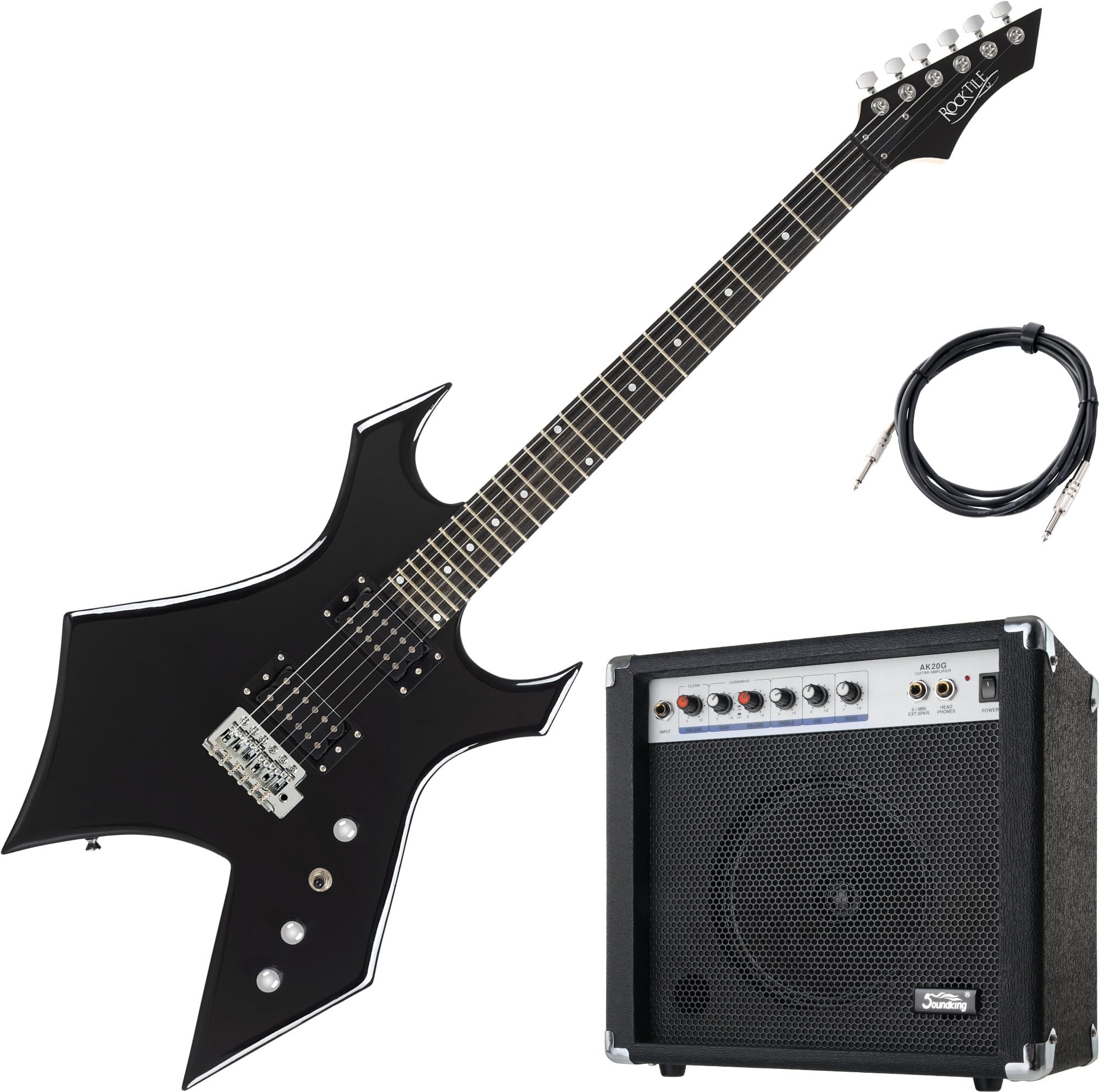 Rocktile Warhead Chitarra Elettrica AK20G Set, Modello: Warhead, Peso: 3 | Corpo: Tiglio, Manico: acero avvitato, 2 pickup humbucker, 24 tasti medi, Tastiera in legno duro selezionato, Inlays: Dot