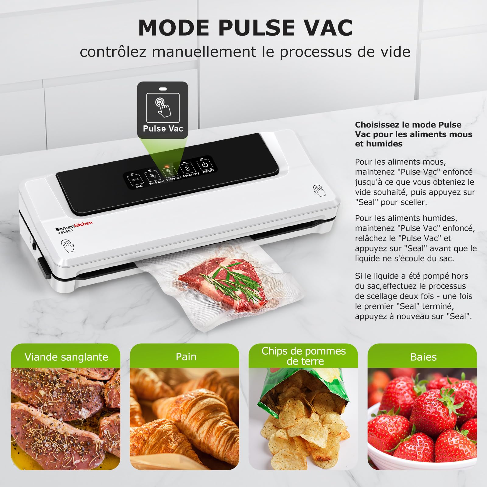 Bonsenkitchen Kit d'aspiration professionnel blanc Aspirateur à vide continu haute vitesse + 6 rouleaux de film sous vide sans BPA, incl. 5 sachets de démarrage et tuyau