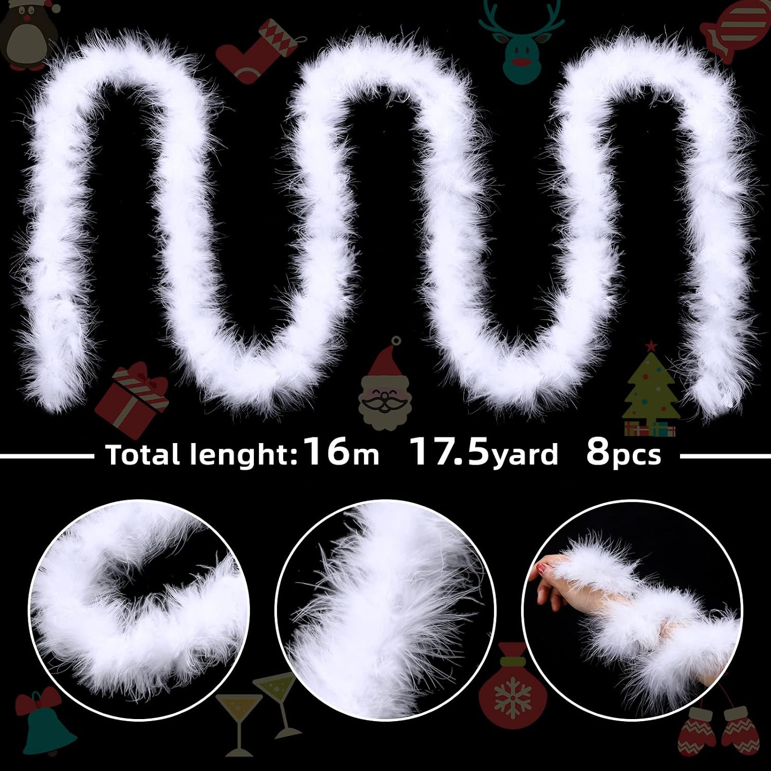 Cindeer Christmas White Feather Boas Marabou Feather Boa Natural Feathers Garland Fur Boas for DIY Crafts Fine Fluffy Boa for Christmas Xmas Party Decoration(17.5 Yard,White)