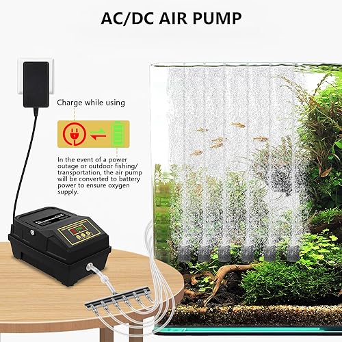 Miniatura 3 de AQQA Potente bomba de aire para acuario con 6 salidas de batería, recargable, impermeable, bomba de oxígeno para estanques al aire libre,