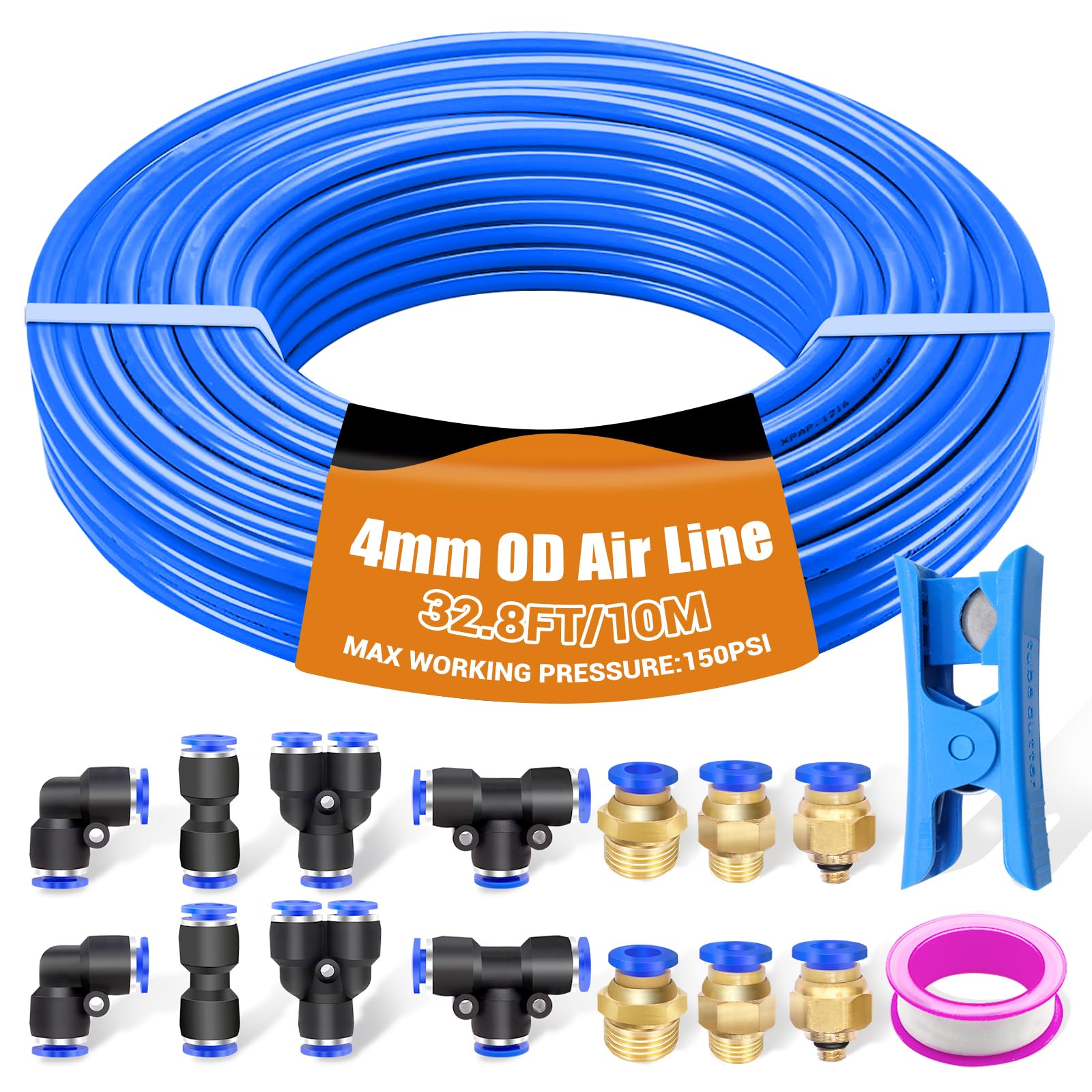 mankk 6mm Air Line Kit 32.8 Feet Air Hose Pneumatic Tubing PU Air Hose Pipe Tube Kit 6mm Quick Connect Fittings Push to Connect Fittings for Air Line