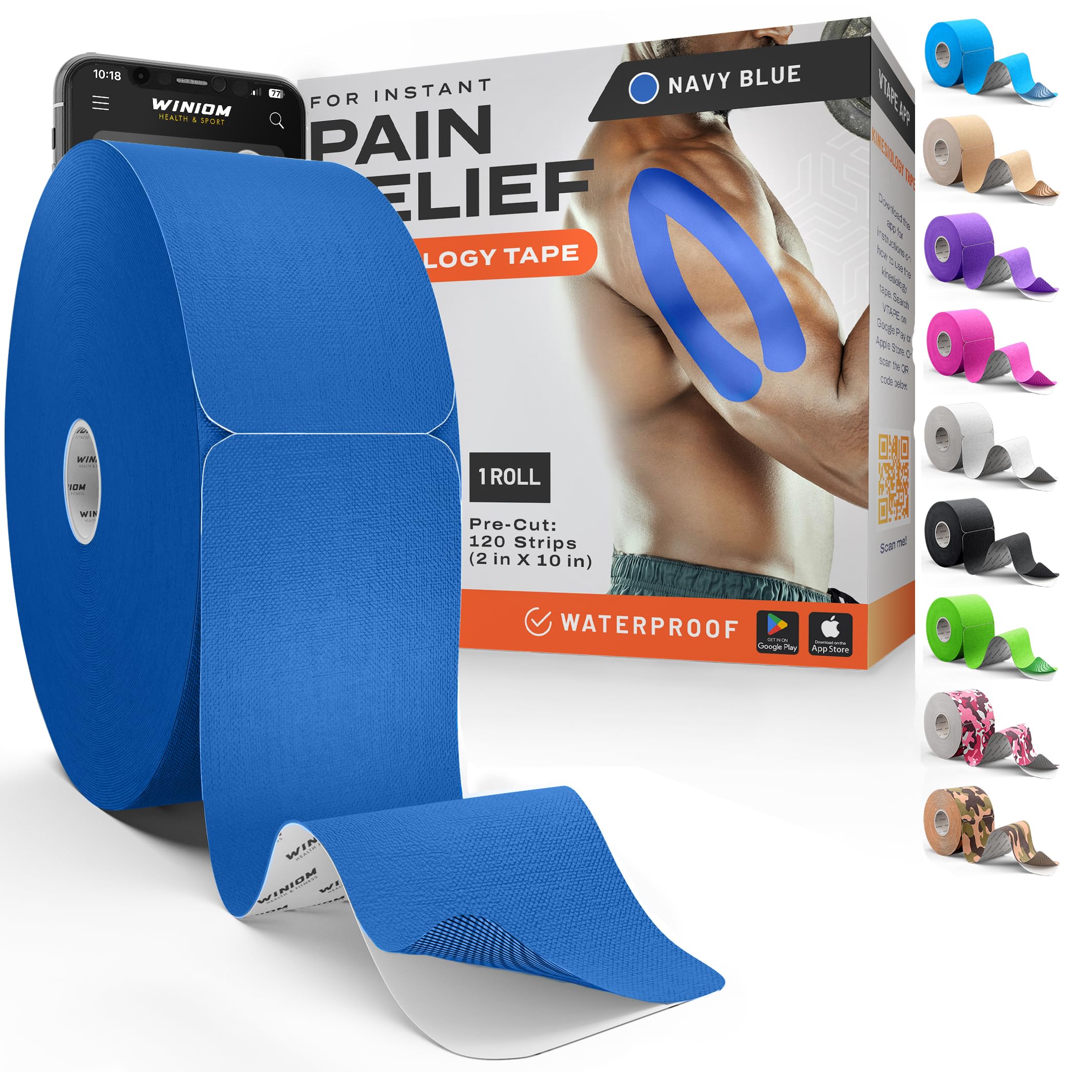 Kinesiologie-Tape, erstaunliche Unterstützung für athletischen Sport und Erholung + gratis Taping-Anleitung – vorgeschnitten, 5,1 cm, 30,4 m (Marineblau + gratis Klebeanleitung, 1 Stück)