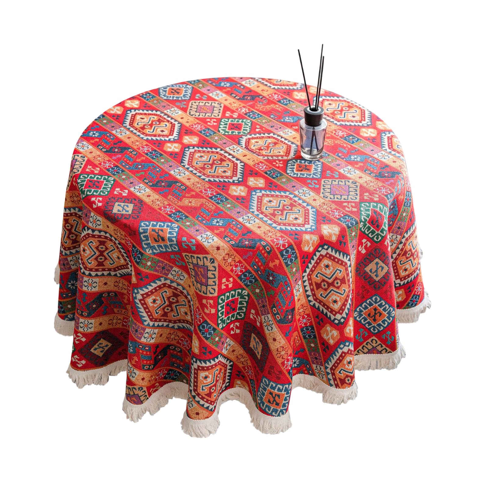 Tsophreniq Romantics Flower Print Polyester Cotton Round Tablecloth with Tassels Trim Dining Table Cover for Dinner Parties Decors Home Dinner Decoration